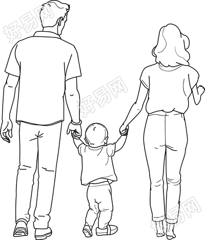 线条人物父母孩子手牵手素材