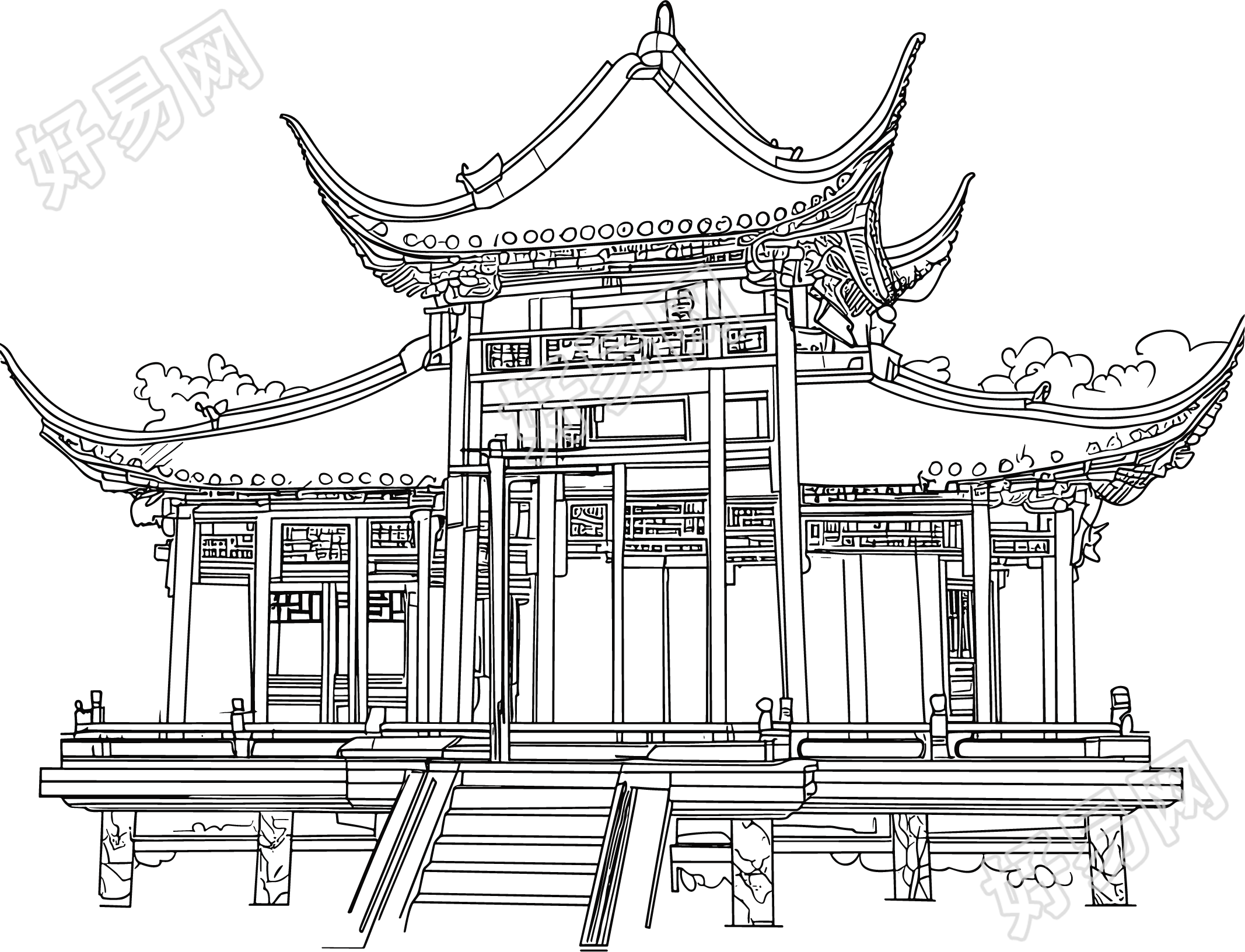 楼阁素描矢量插图