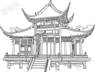 楼阁素描矢量插图