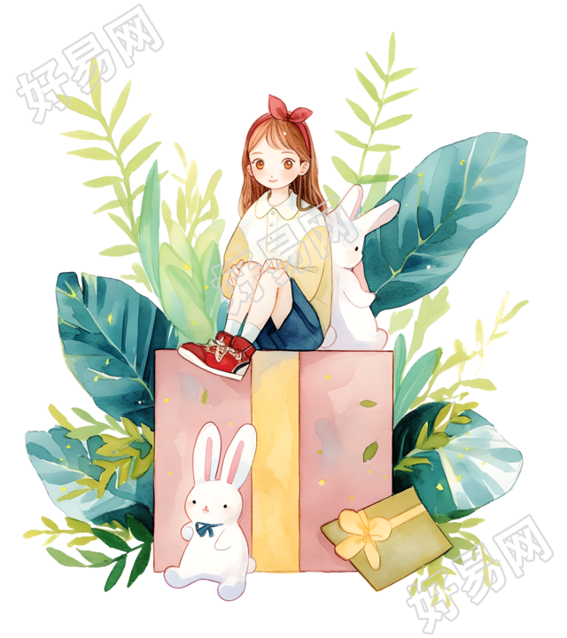 可爱女孩儿童水彩素材