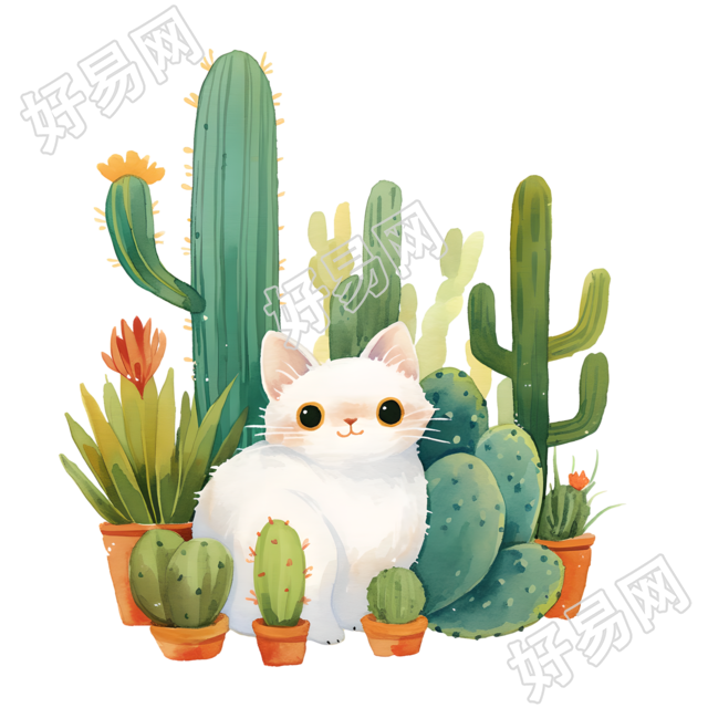 小猫仙人掌儿童水彩元素