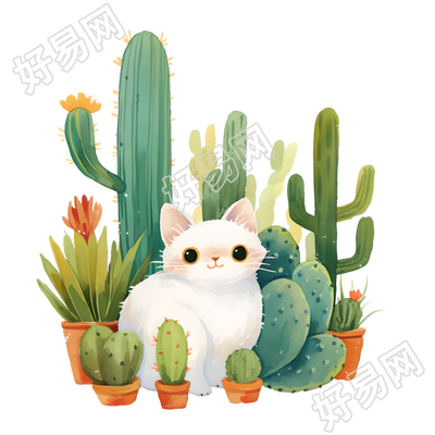 小猫仙人掌儿童水彩元素