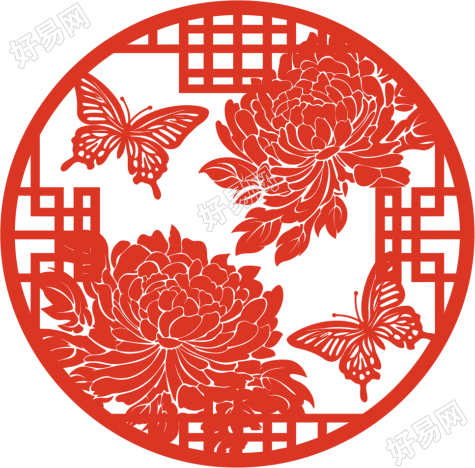牡丹剪纸中式窗花元素