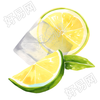 柠檬冰块夏天水彩插图