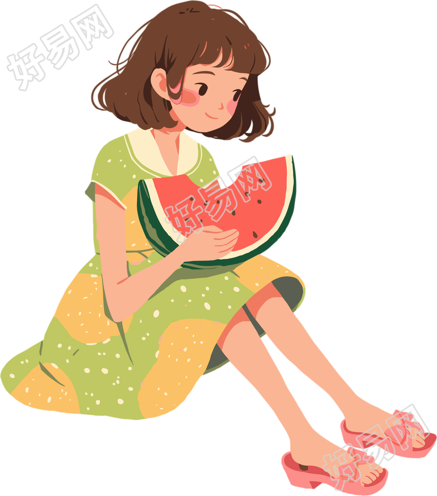 吃西瓜平面插画