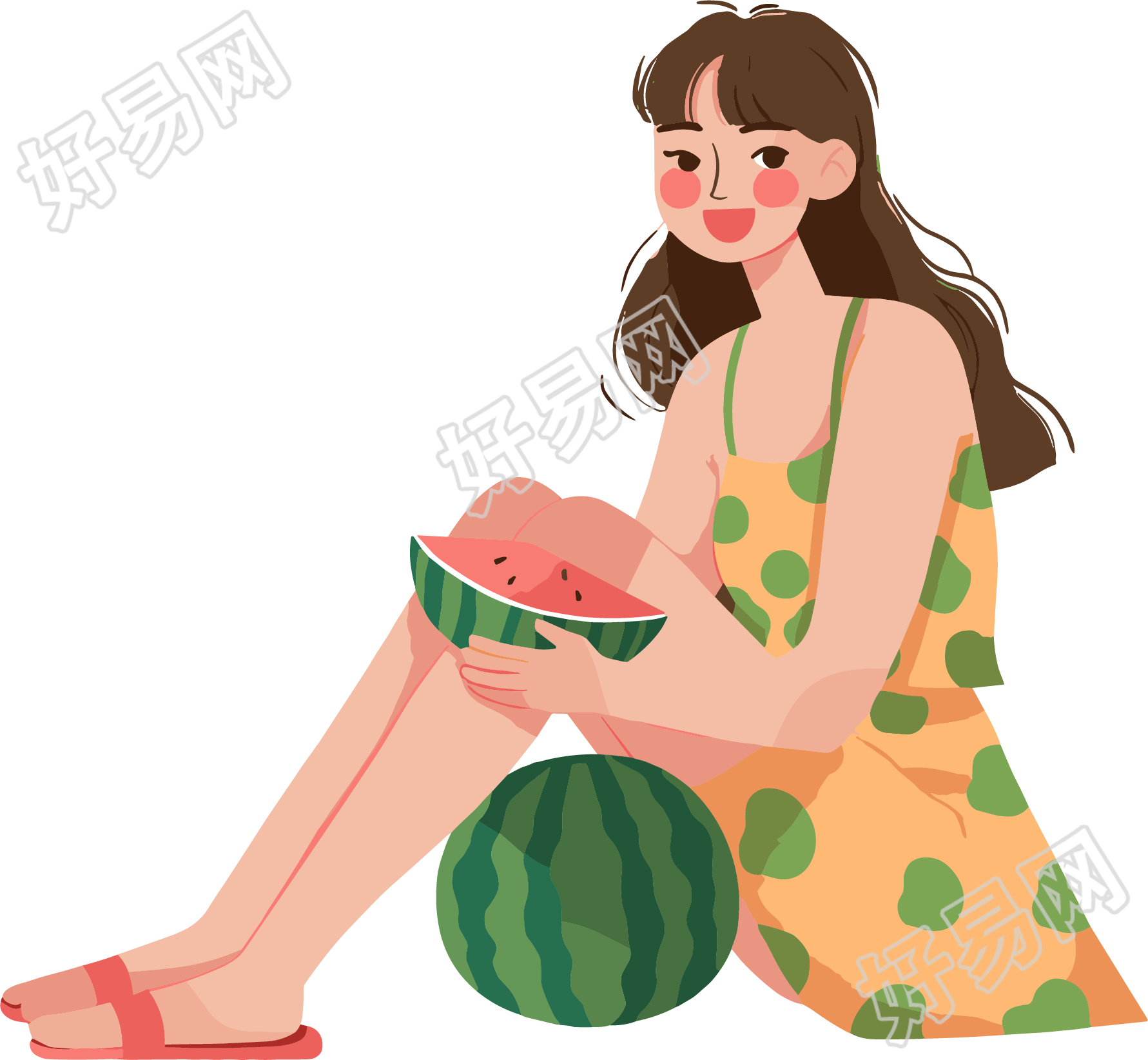 吃西瓜插画PNG素材