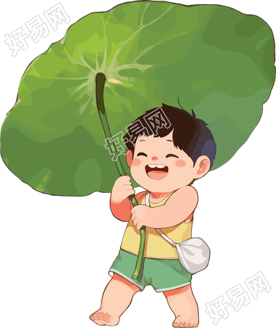 小男孩大荷叶夏天卡通素材