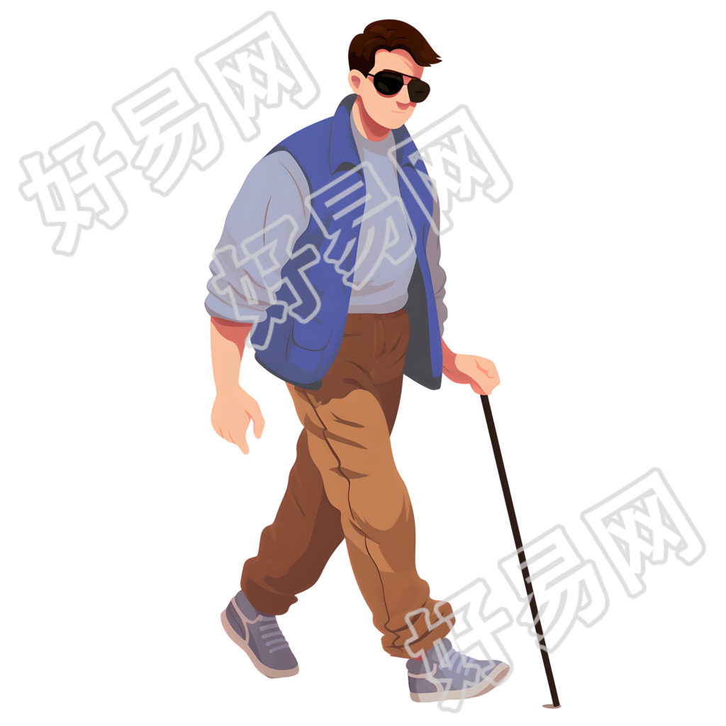 盲人使用手杖矢量插图
