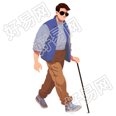 盲人使用手杖矢量插图