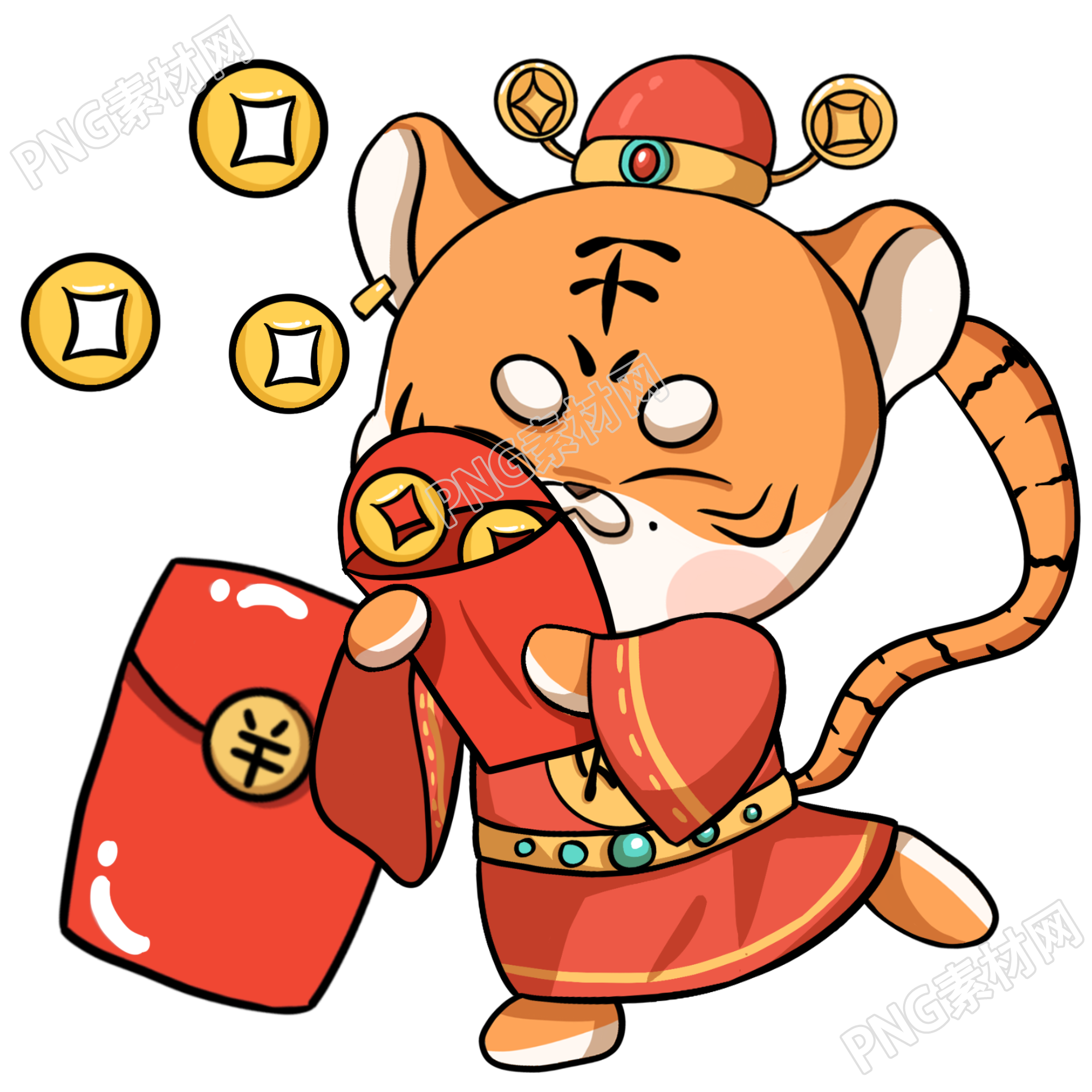 手拿红包接金币的卡通老虎素材