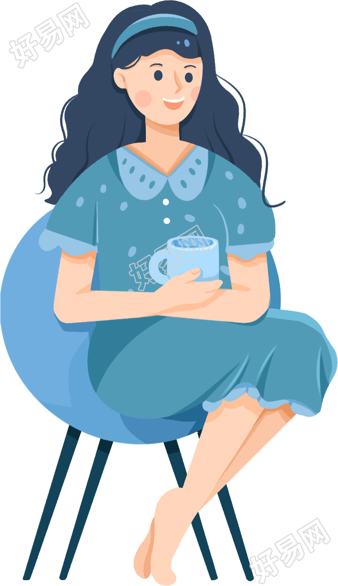 手绘坐着的蓝色衣服女生人物素材
