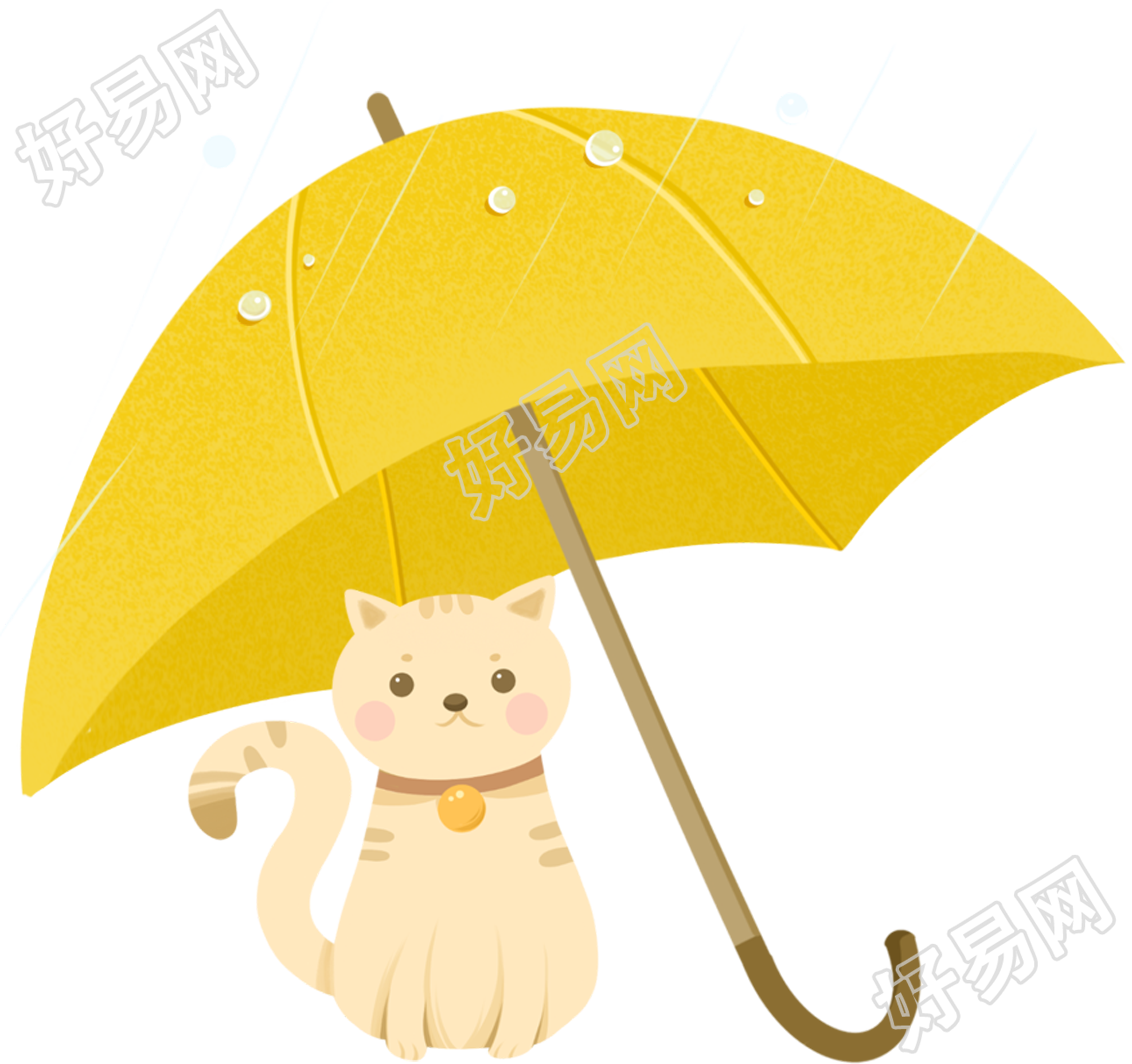 手绘雨伞下的可爱猫咪免抠图片素材