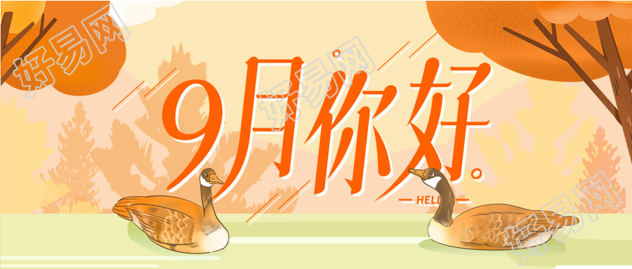 秋天树木黄叶大雁九月你好公众号封面图