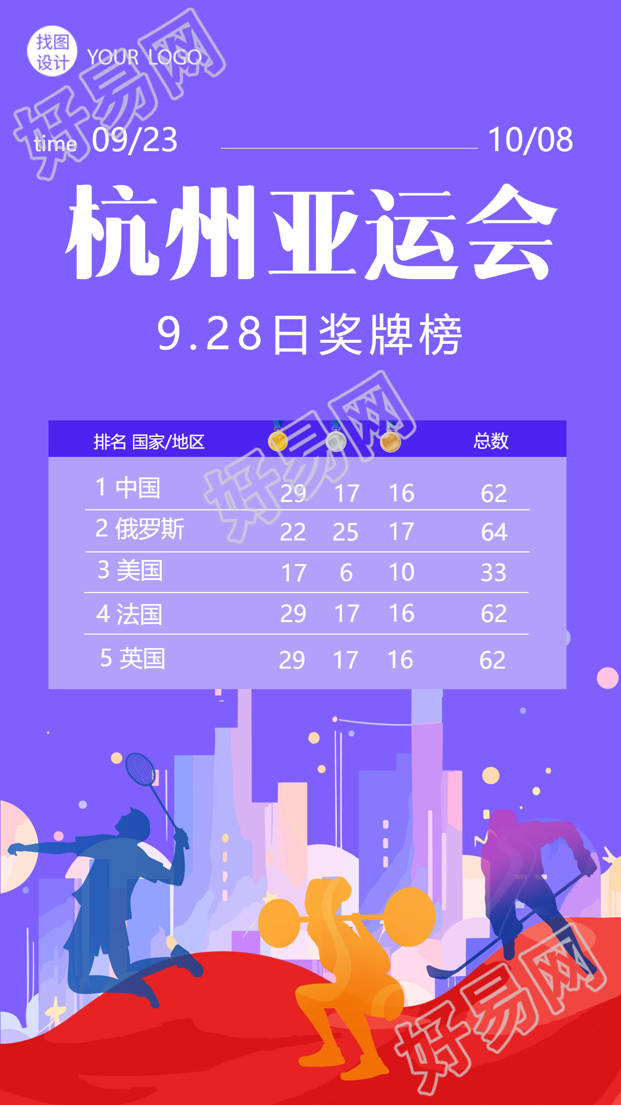运动员剪影杭州亚运会奖牌榜展示手机海报