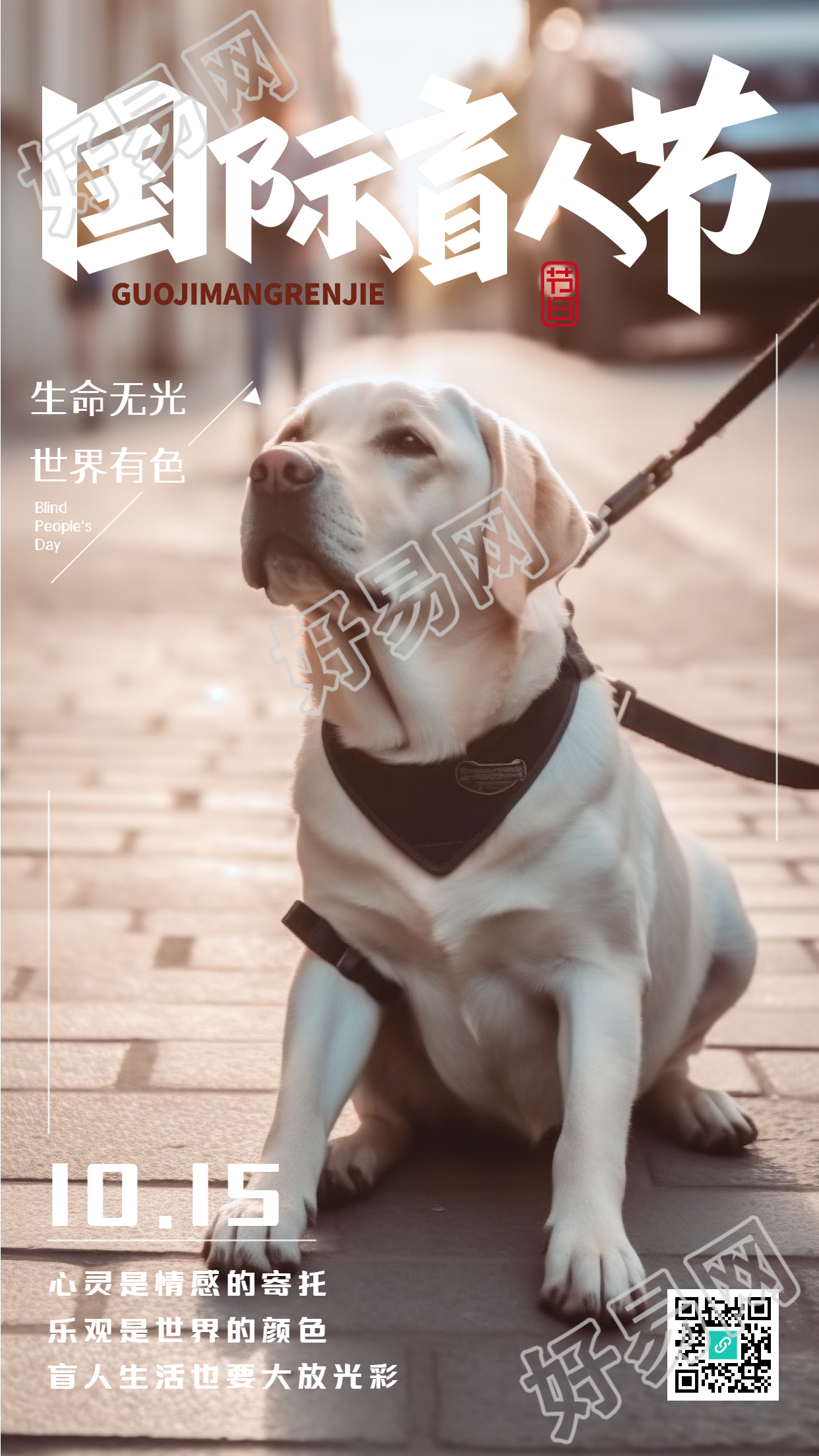乖巧的导盲犬实景盲人节创意宣传手机海报
