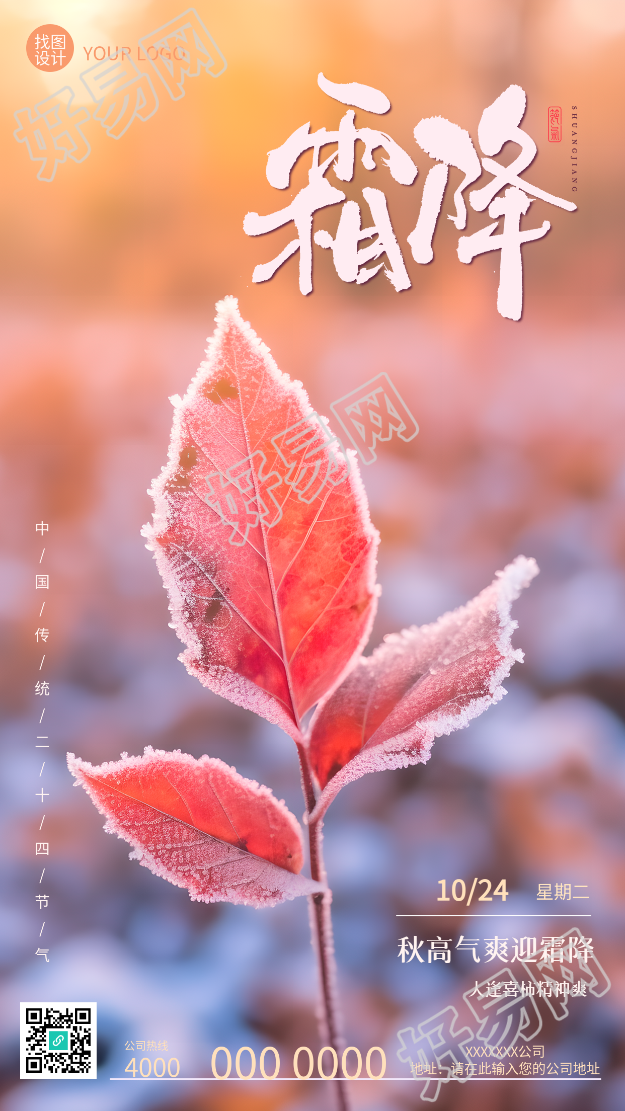 二十四节气霜降红色树叶实景手机海报