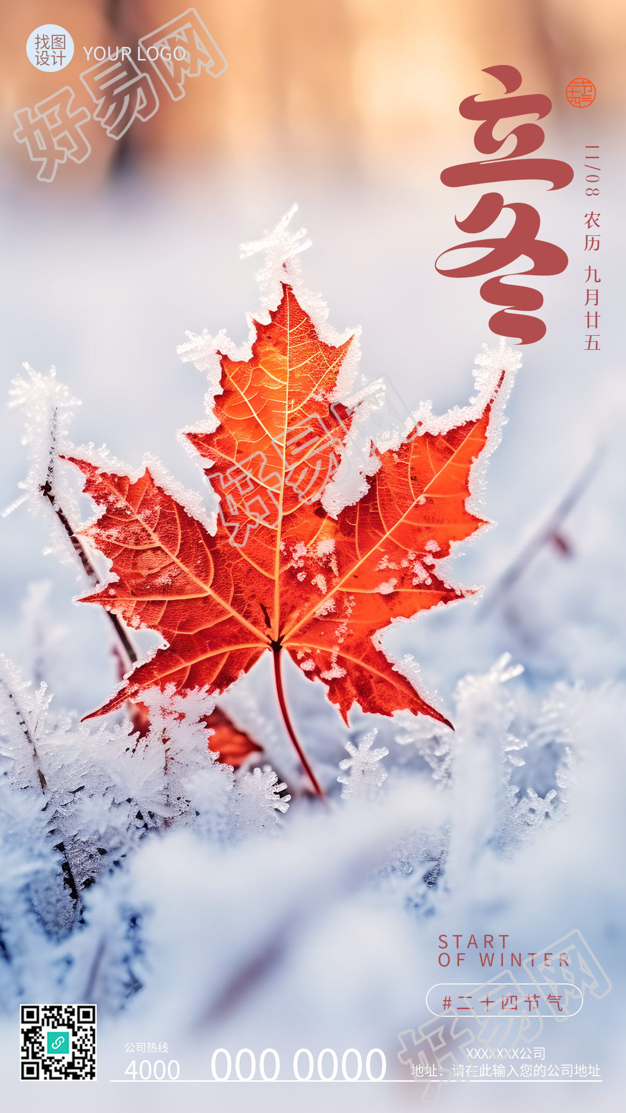 24节气立冬雪地中的唯美红枫叶实景手机海报