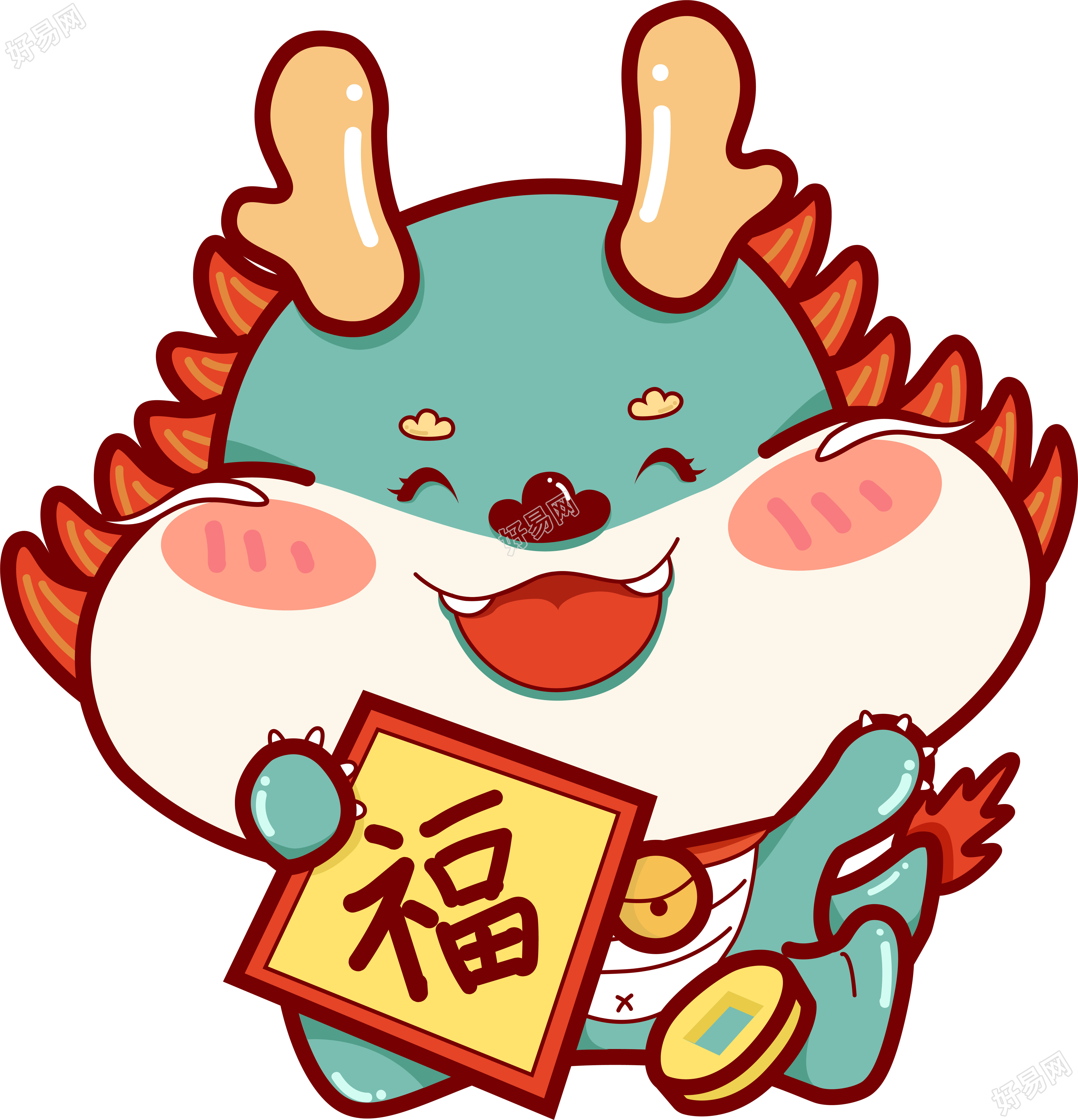 手拿福字春联的中国龙手绘素材
