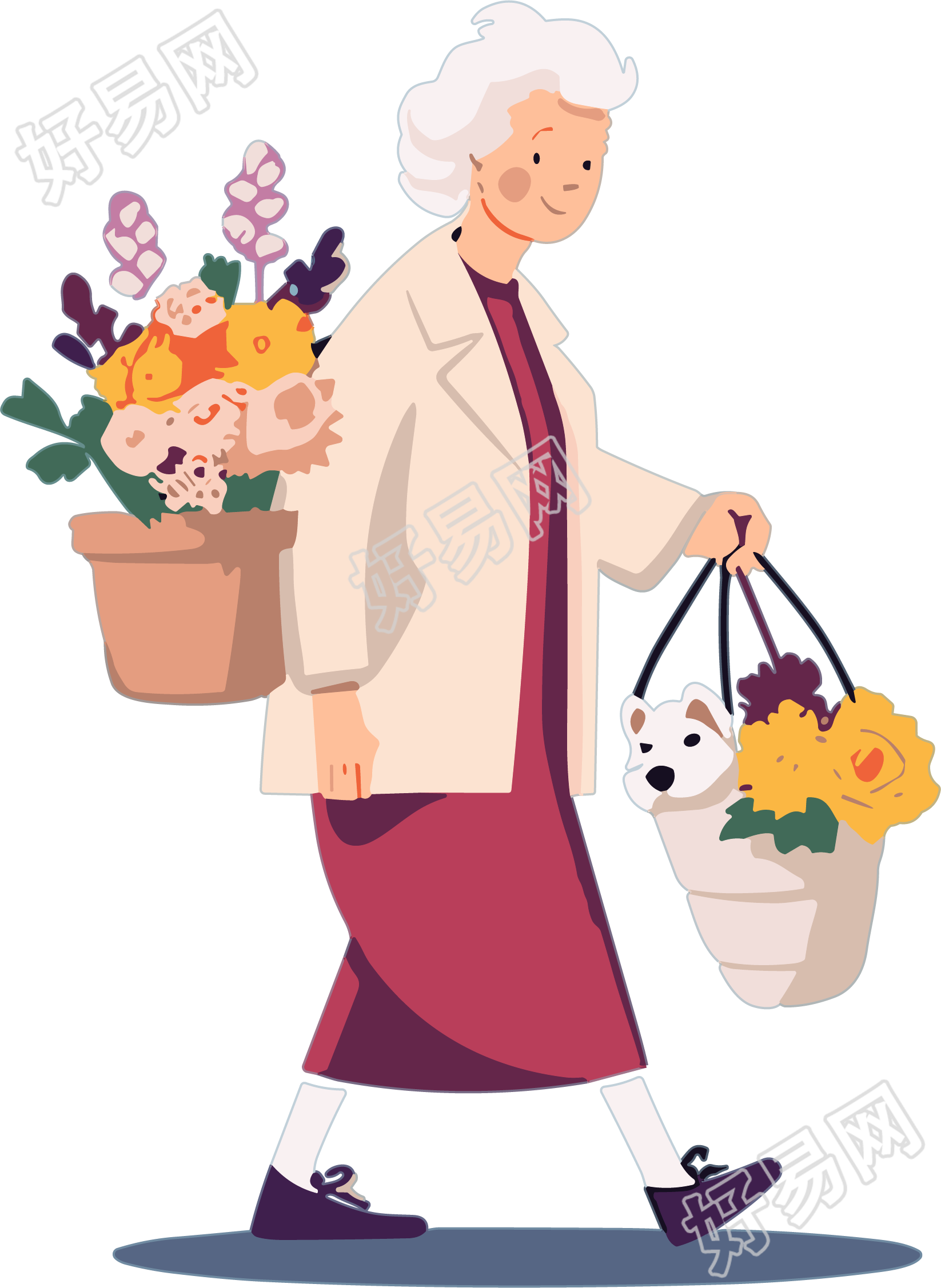 迷你扁平插画老年妇女手持鲜花元素