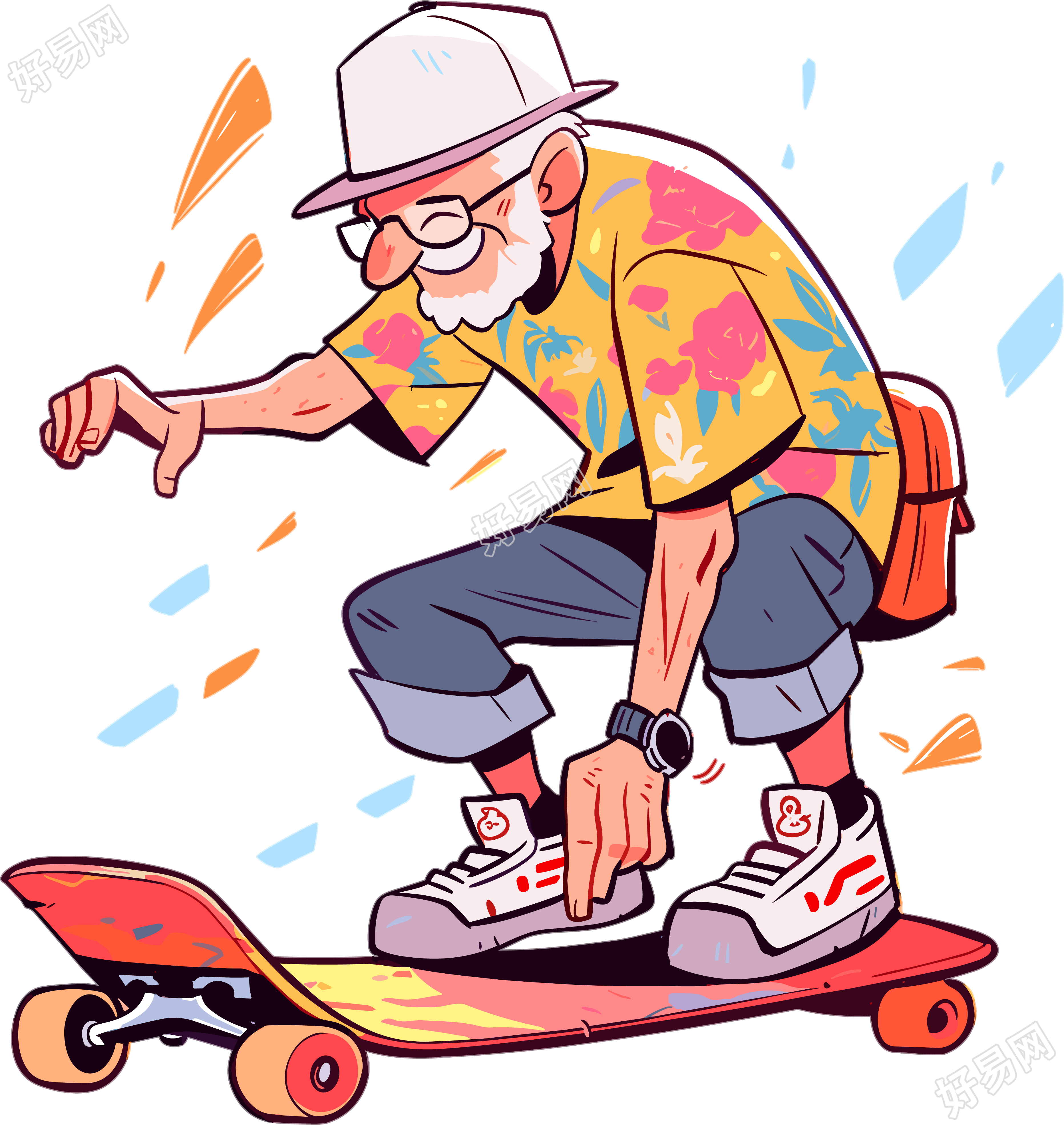 卡通老人滑板透明背景创意图形素材