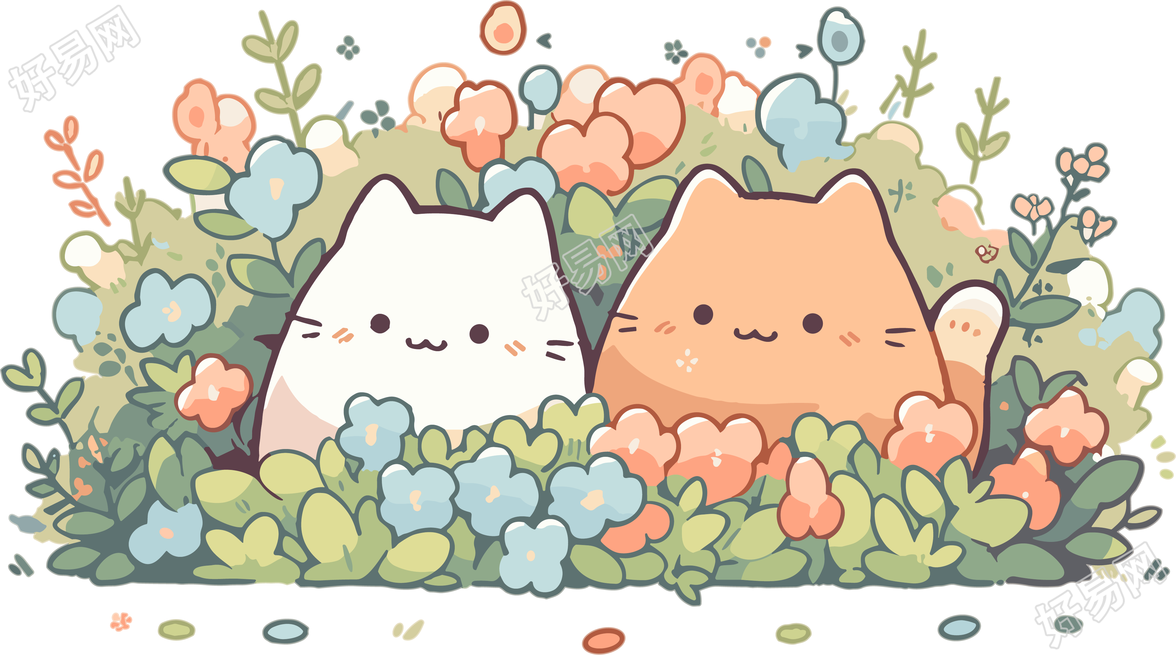 两只可爱猫咪在花园中简约涂鸦插画