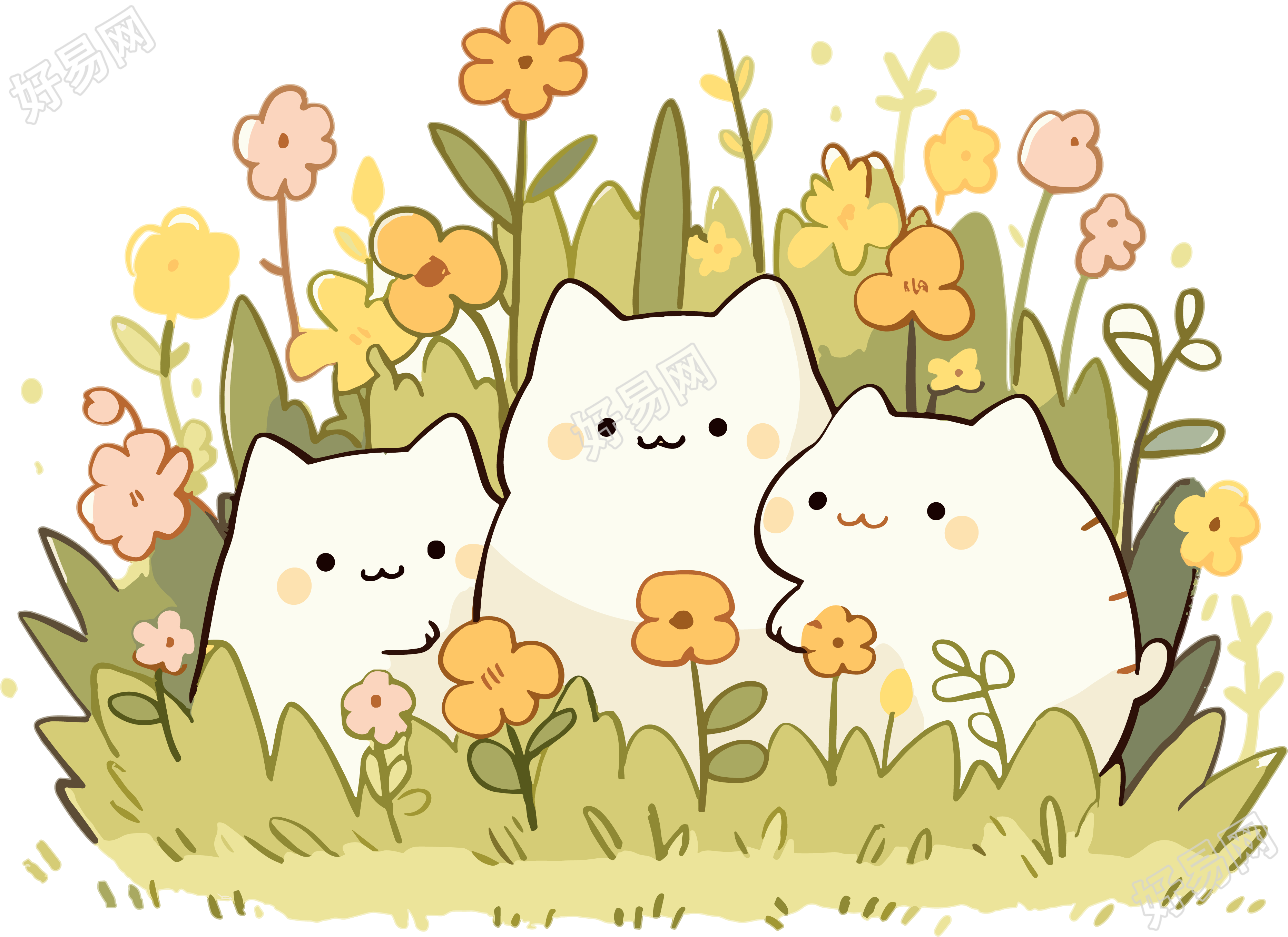 可爱的白色猫咪和小花插画元素