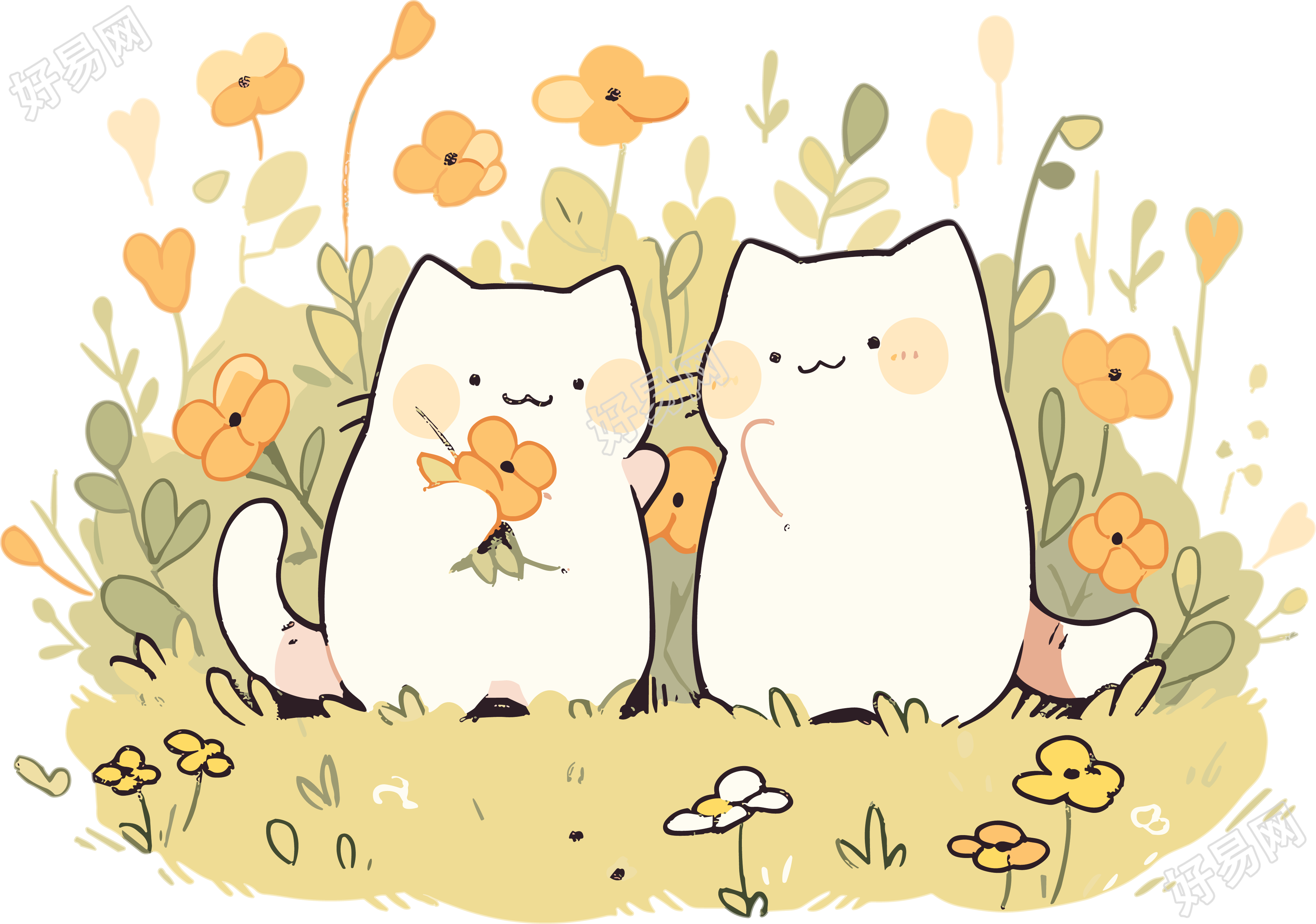 清新花园中两只可爱猫咪的简约插图