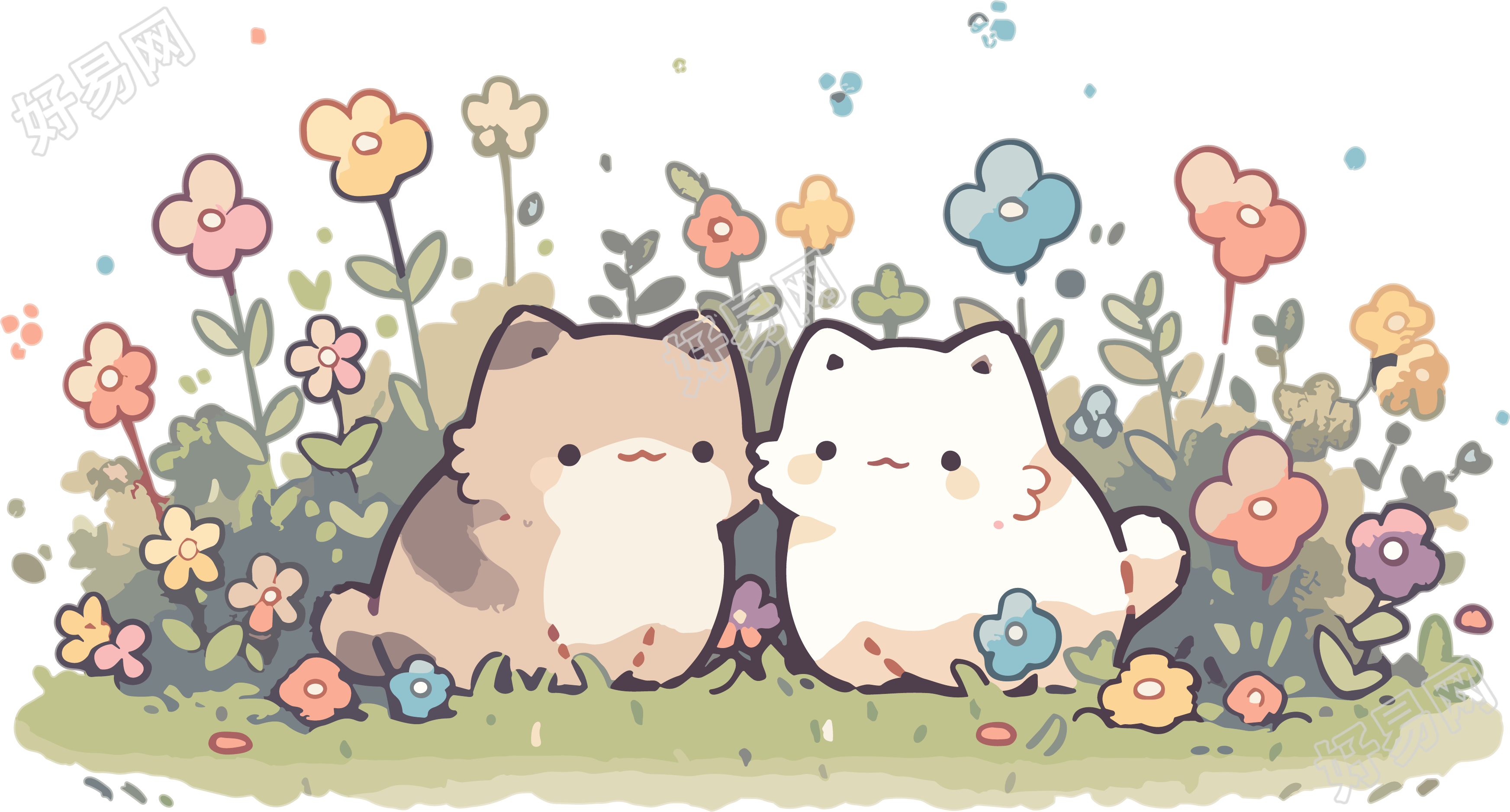 彩色花园中的猫咪创意设计素材