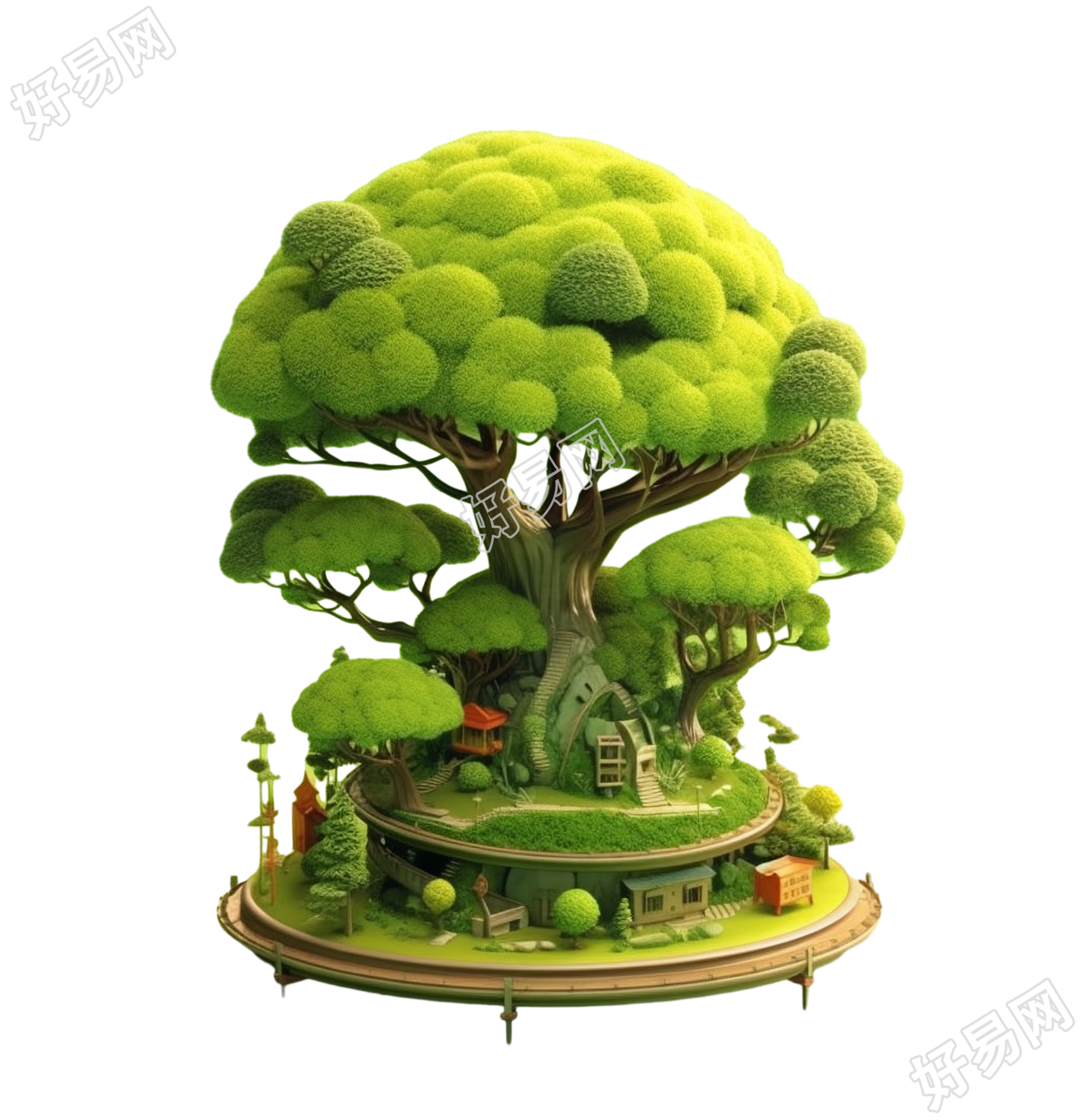 绿树和绿草未来科技风格插画设计