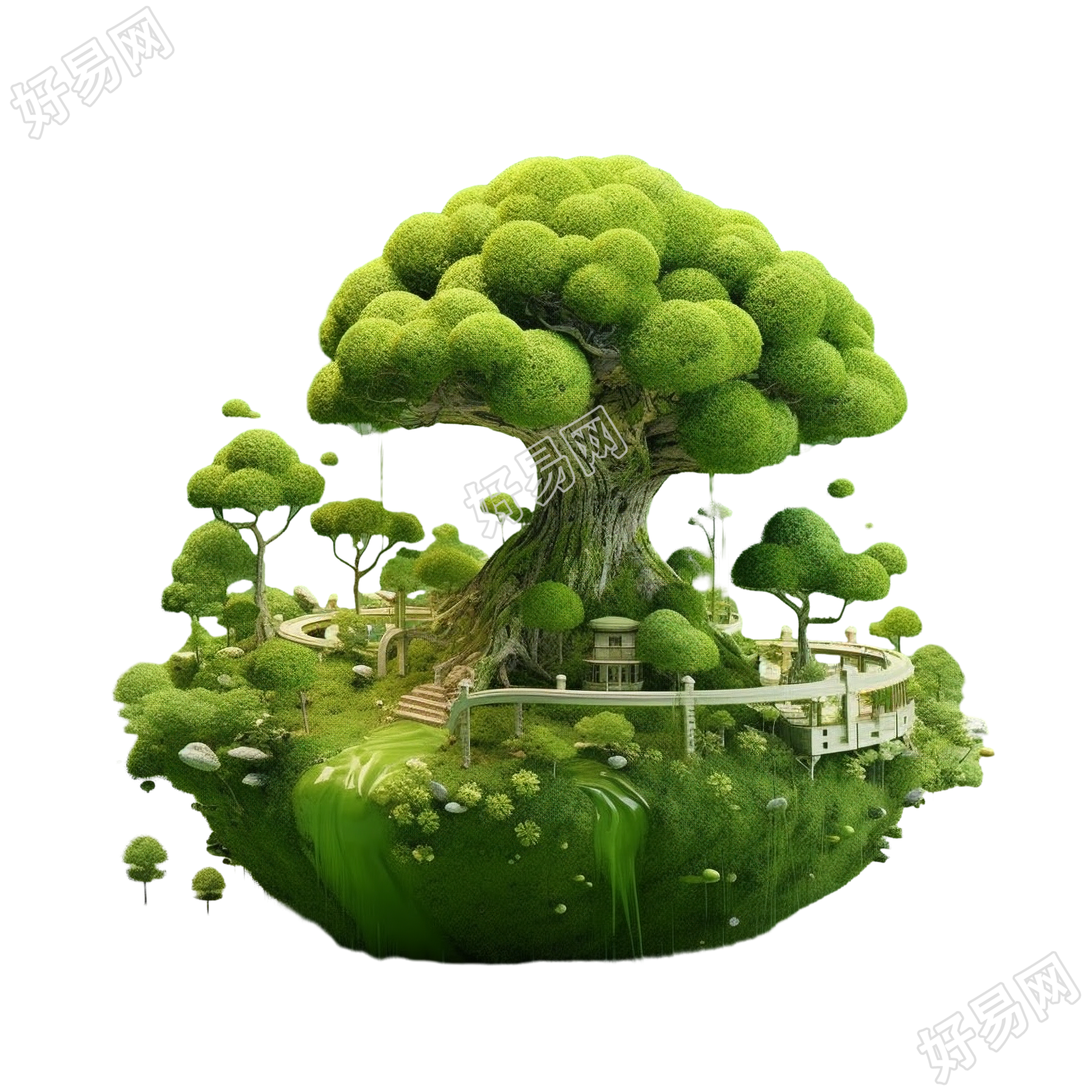 可爱的绿色树木和小木屋透明背景素材