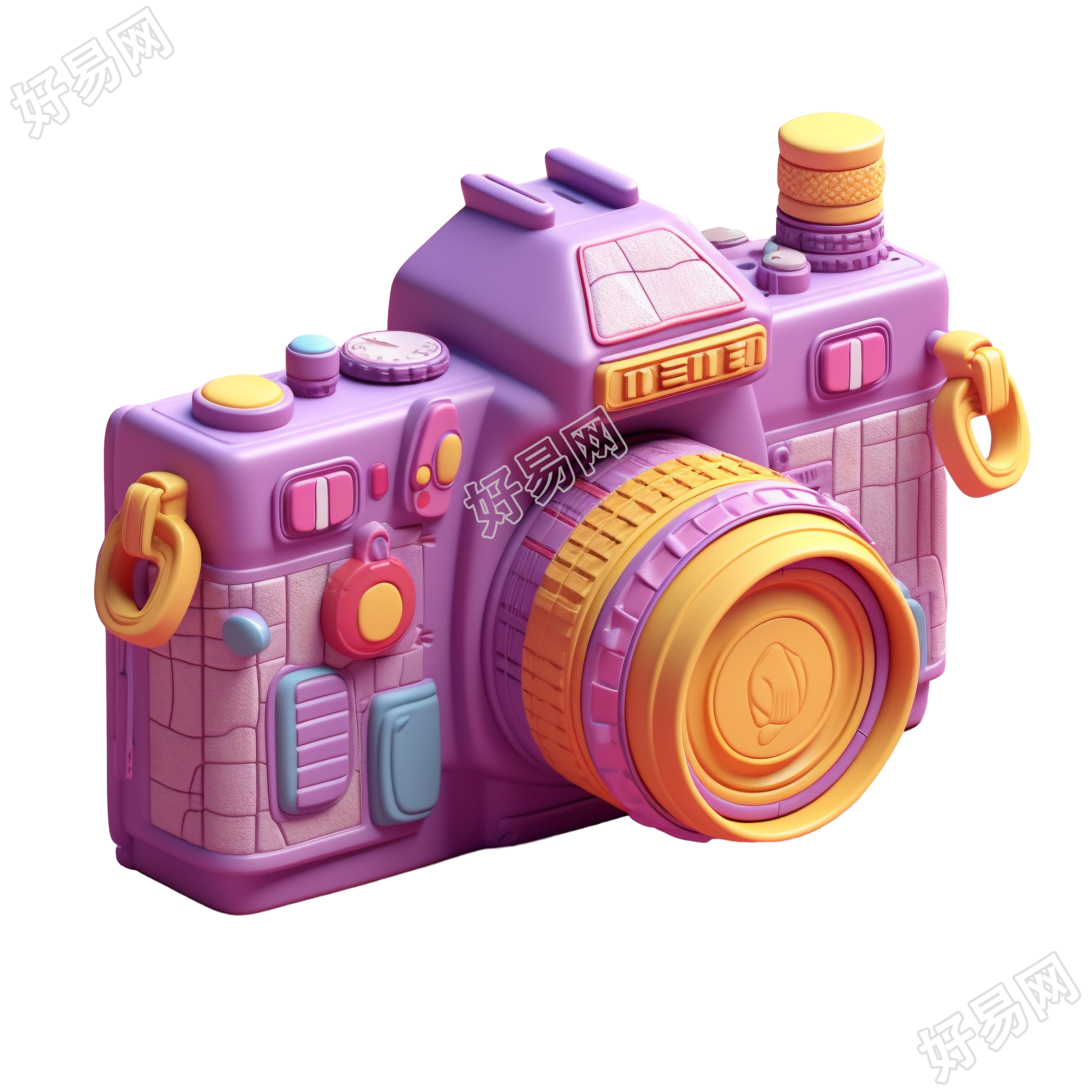 儿童书插画风格紫粉色3D相机模型素材