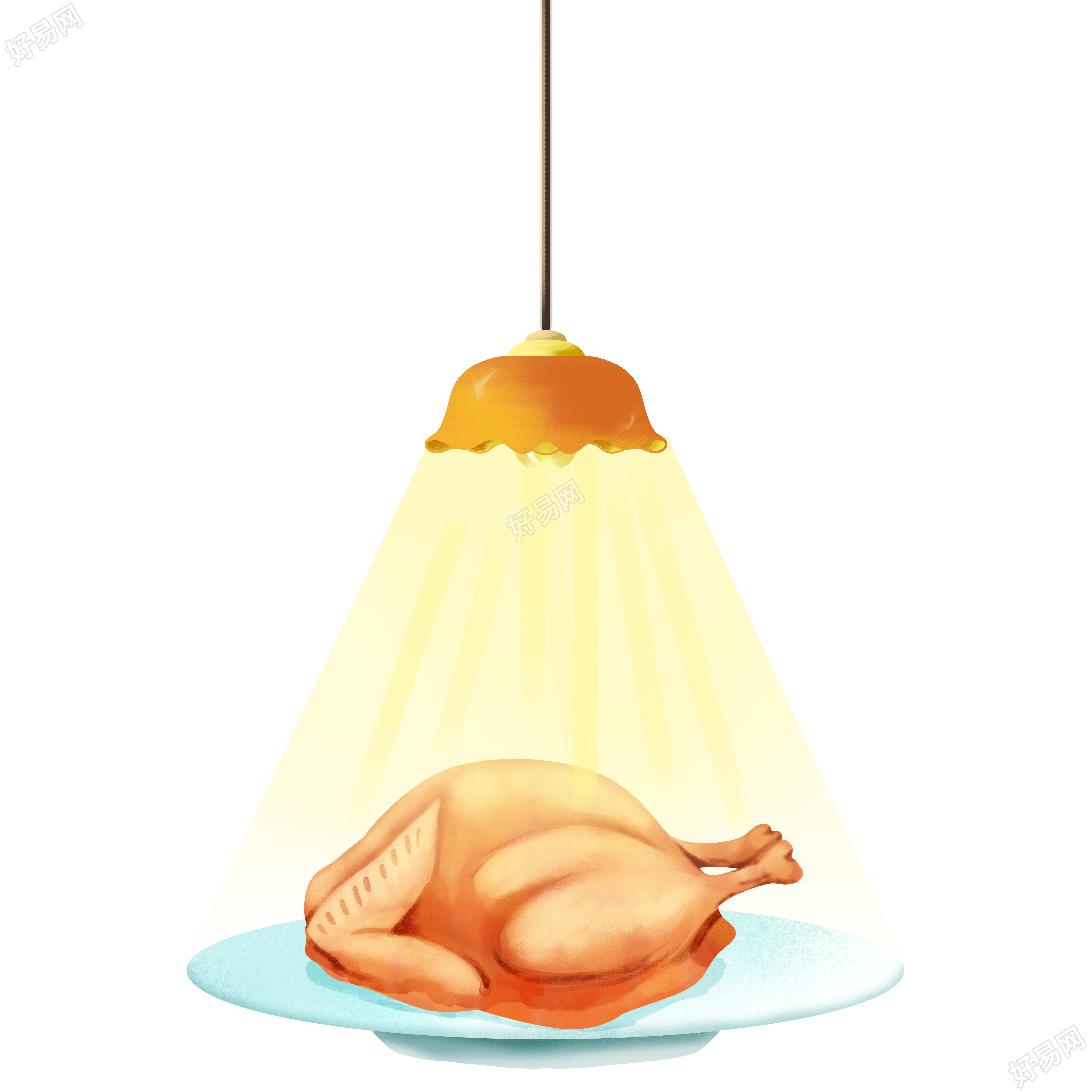 手绘感恩节灯光下的美味烤火鸡插画