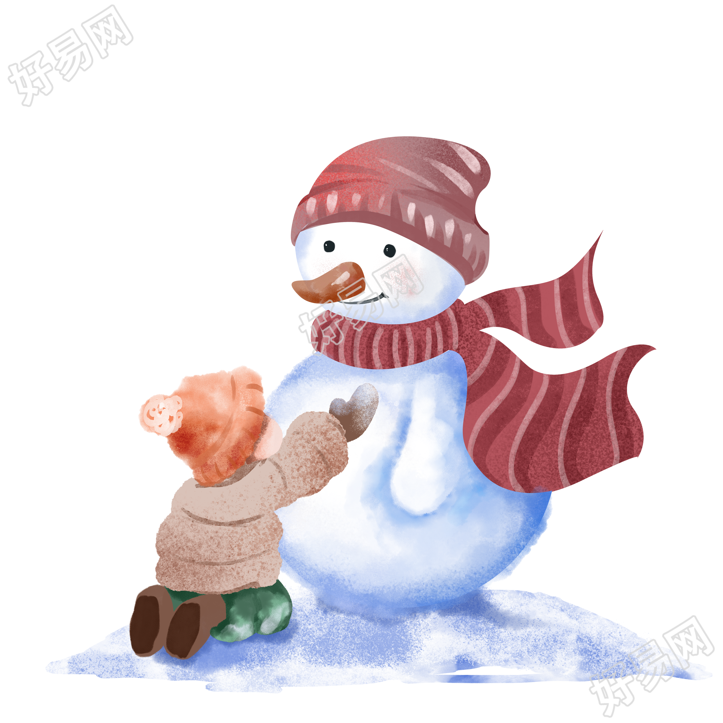 小雪时节堆雪人的小男孩PNG插画