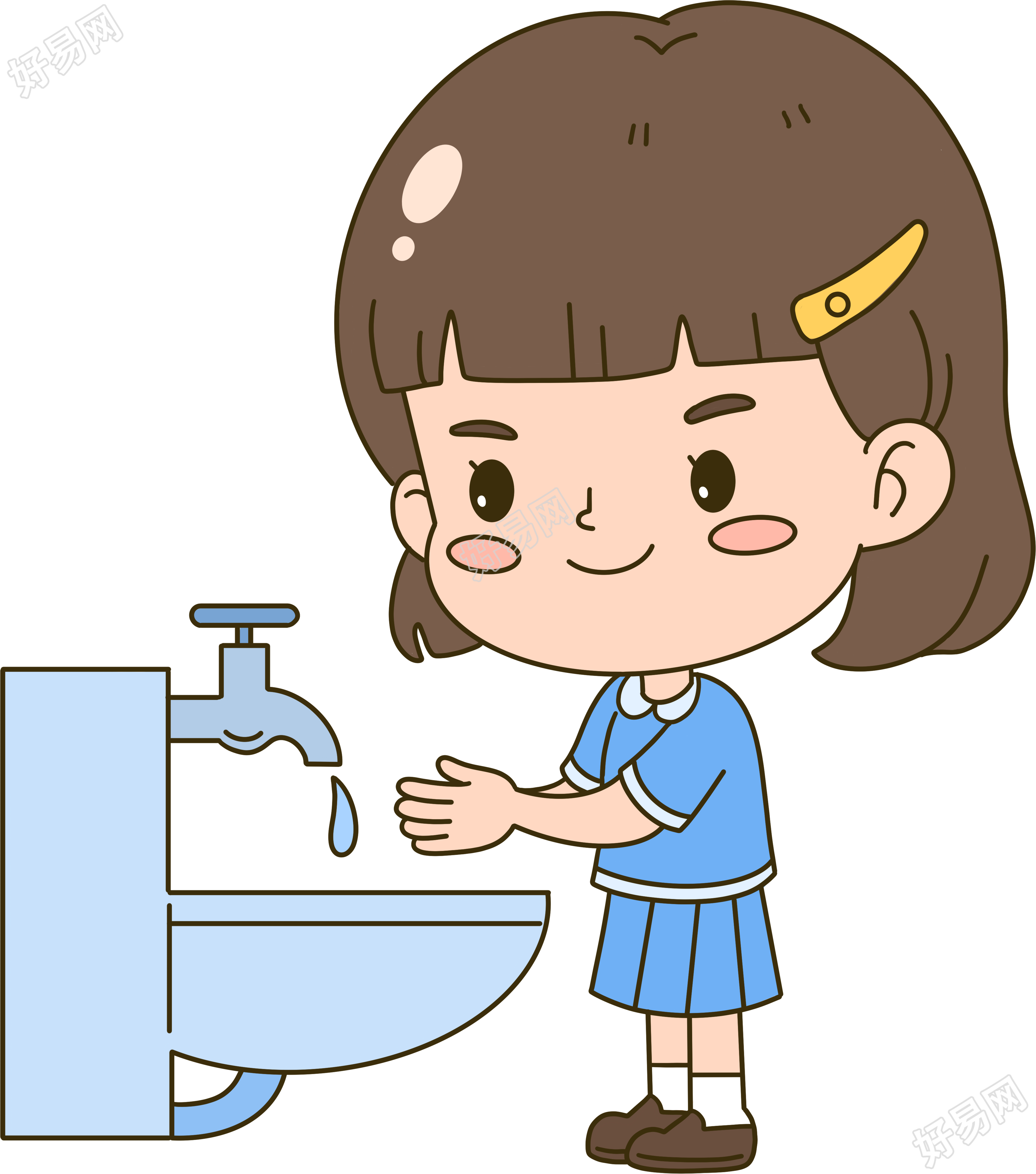 水池边正在洗手的小女孩手绘插画