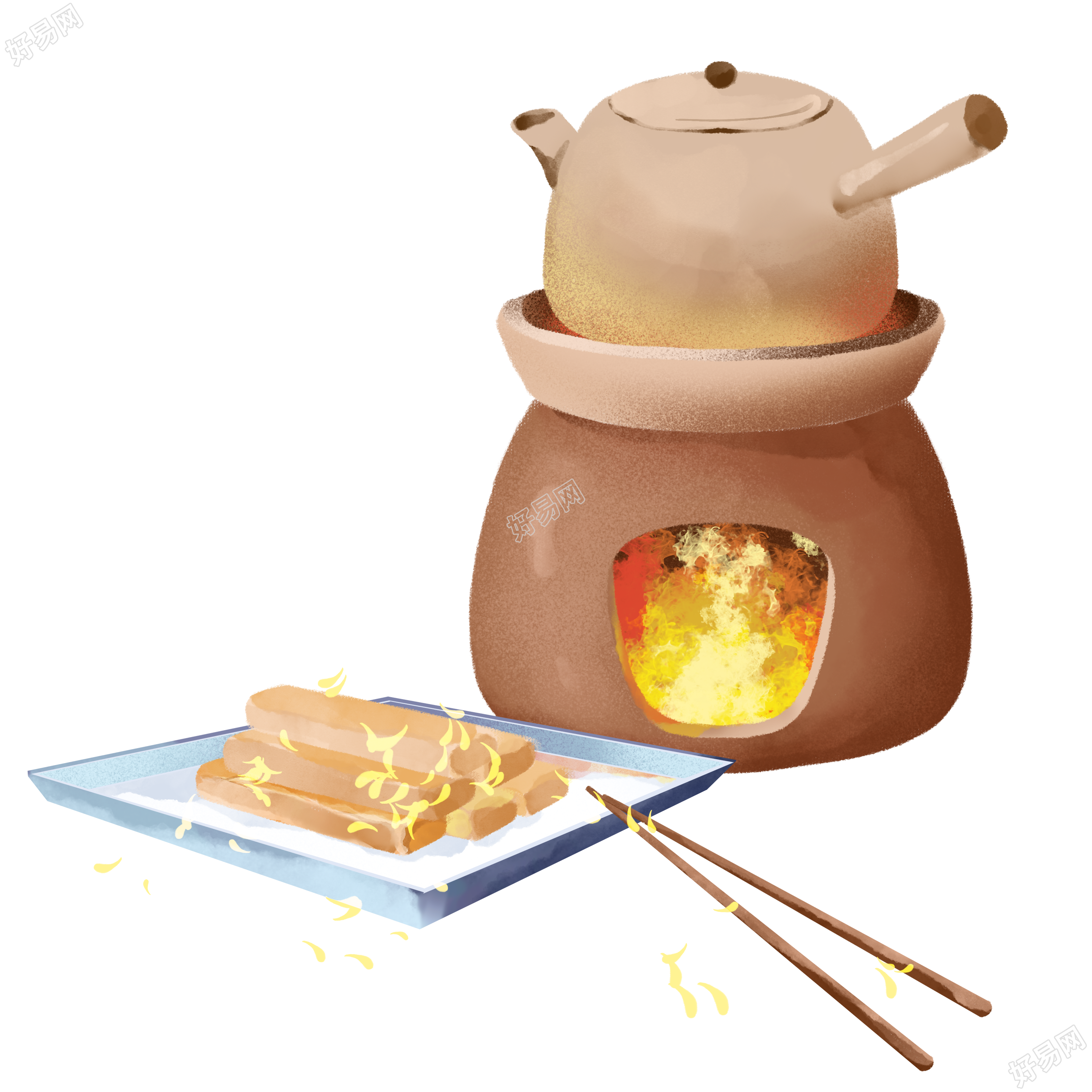 手绘围炉煮茶和桂花饼小雪节气素材