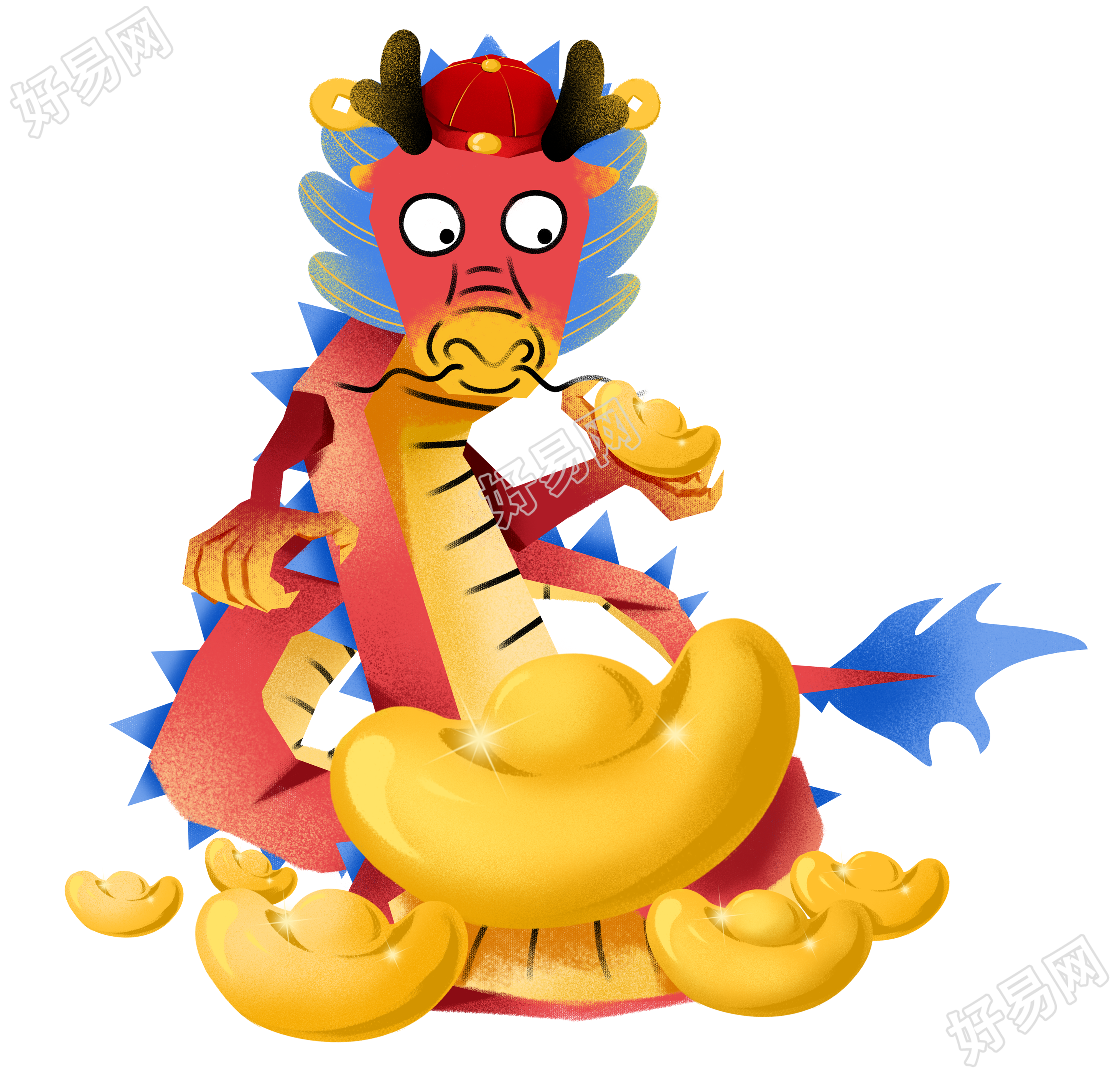 拥有超多元宝的中国龙手绘彩色插图