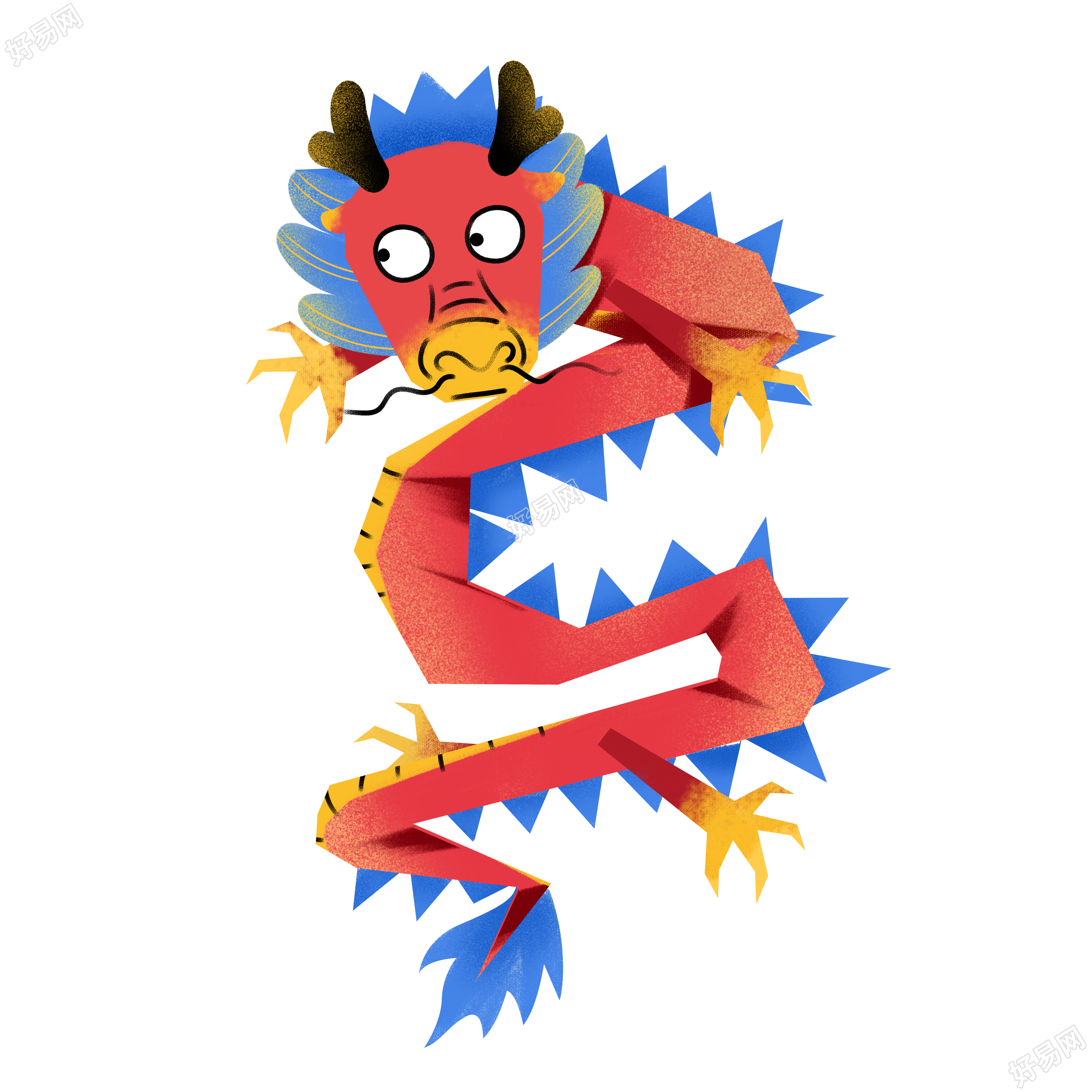 手绘搞怪的中国龙图形插画