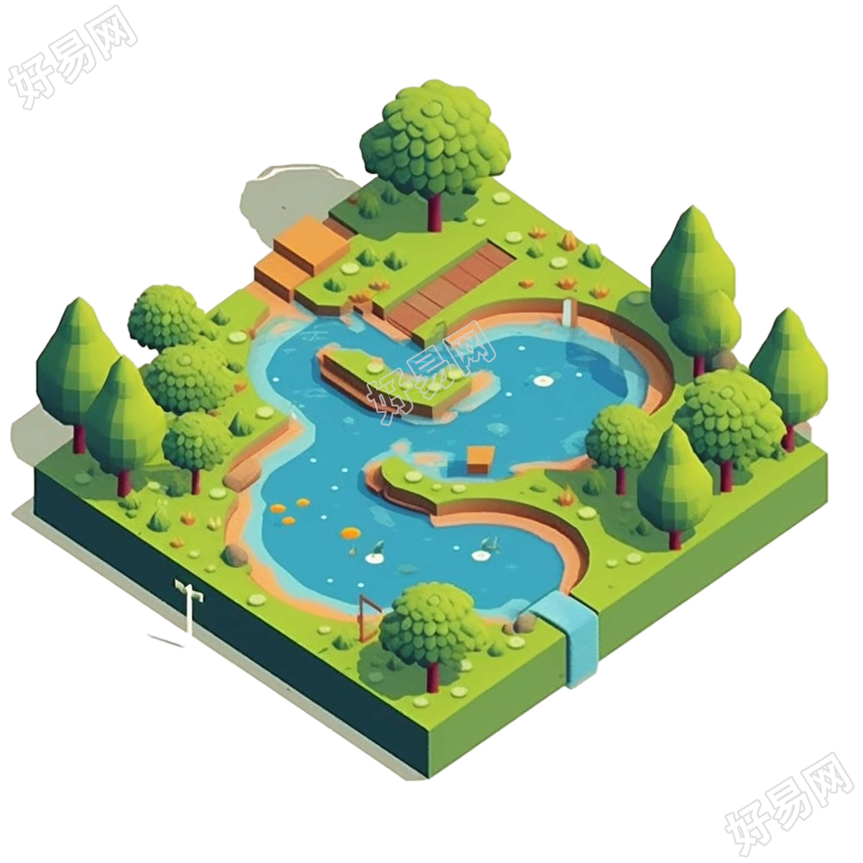 水池、瀑布和树木的等距透视图插画元素