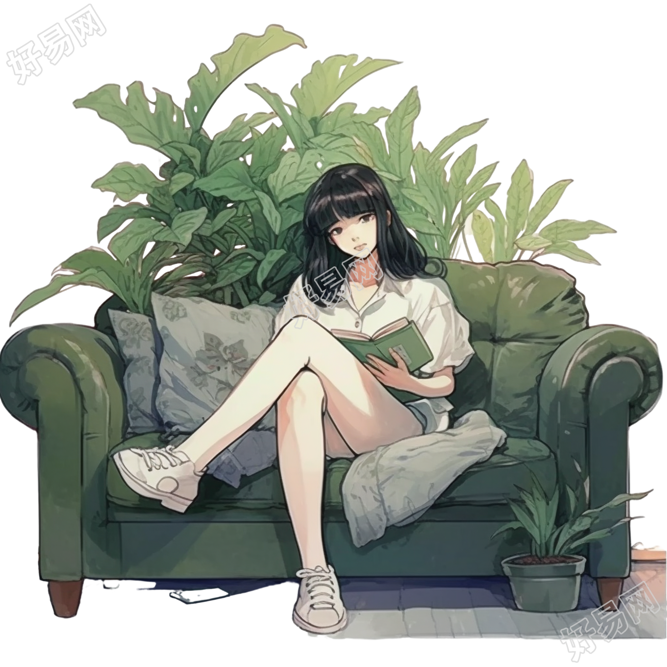 女生桃花坞边沁园风插画