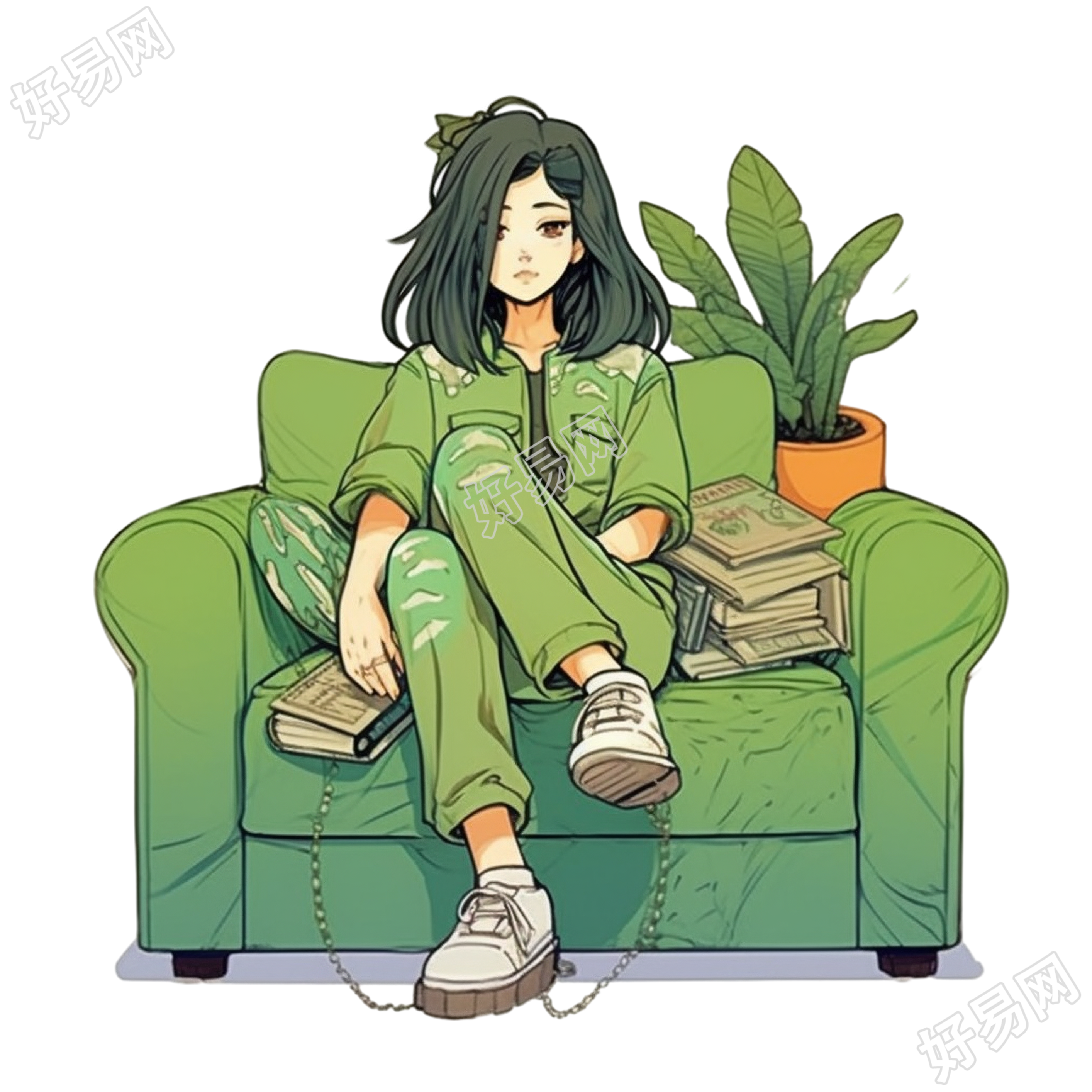 沙发旁大植物下的浪漫插画设计