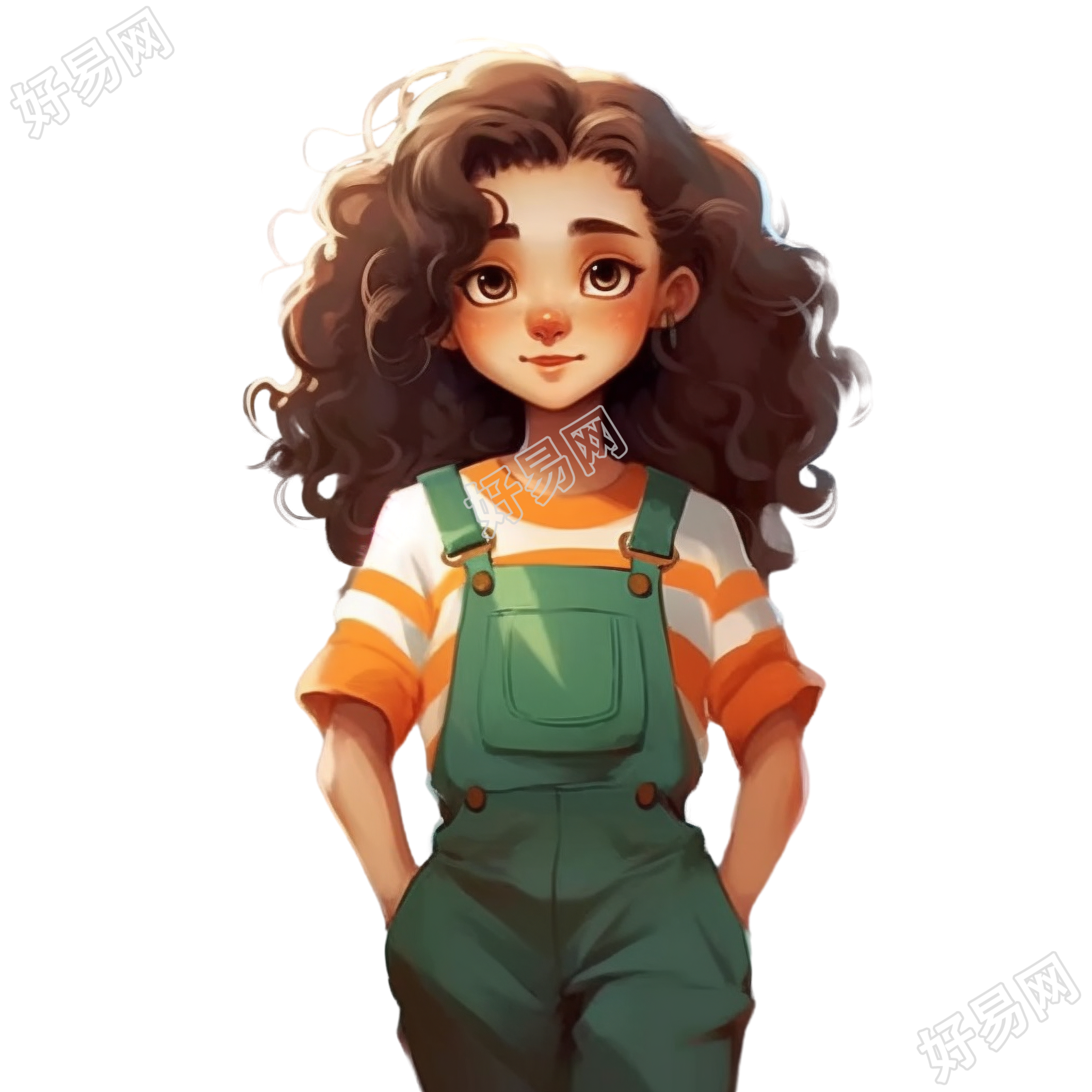 女孩绿色工装裙插画素材
