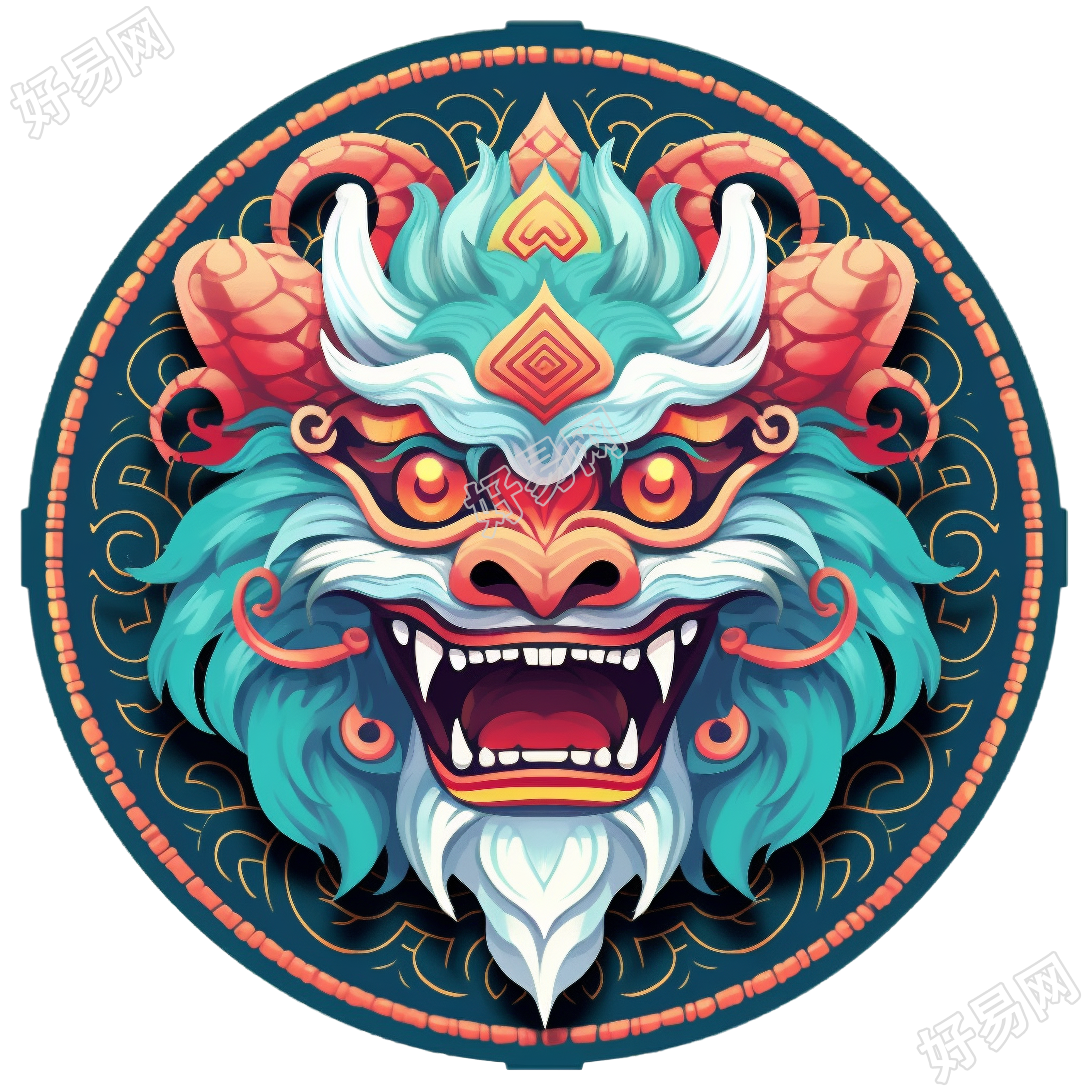 暗青色和深天蓝色中国龙头透明PNG素材