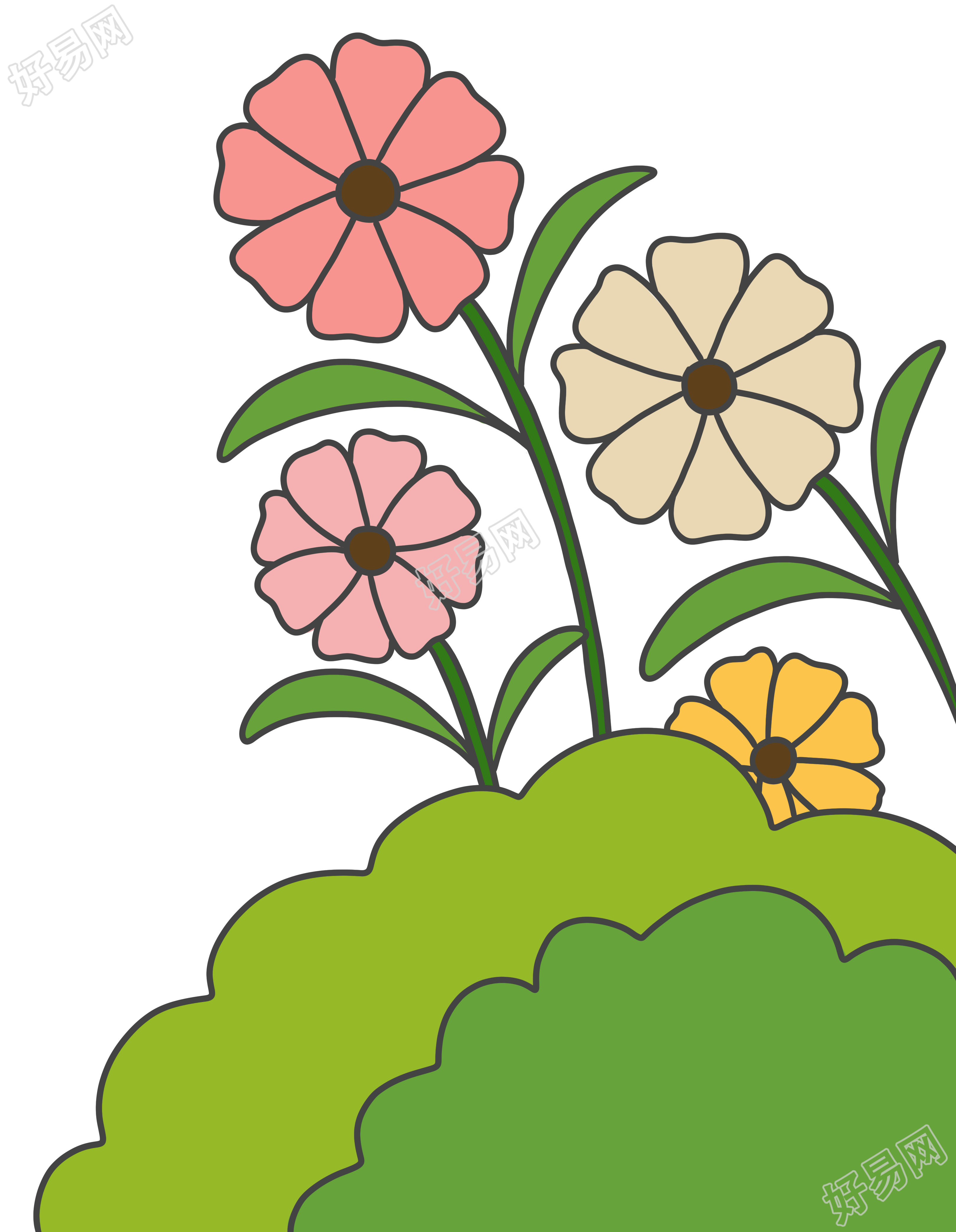 手绘粗线条草丛花朵插画