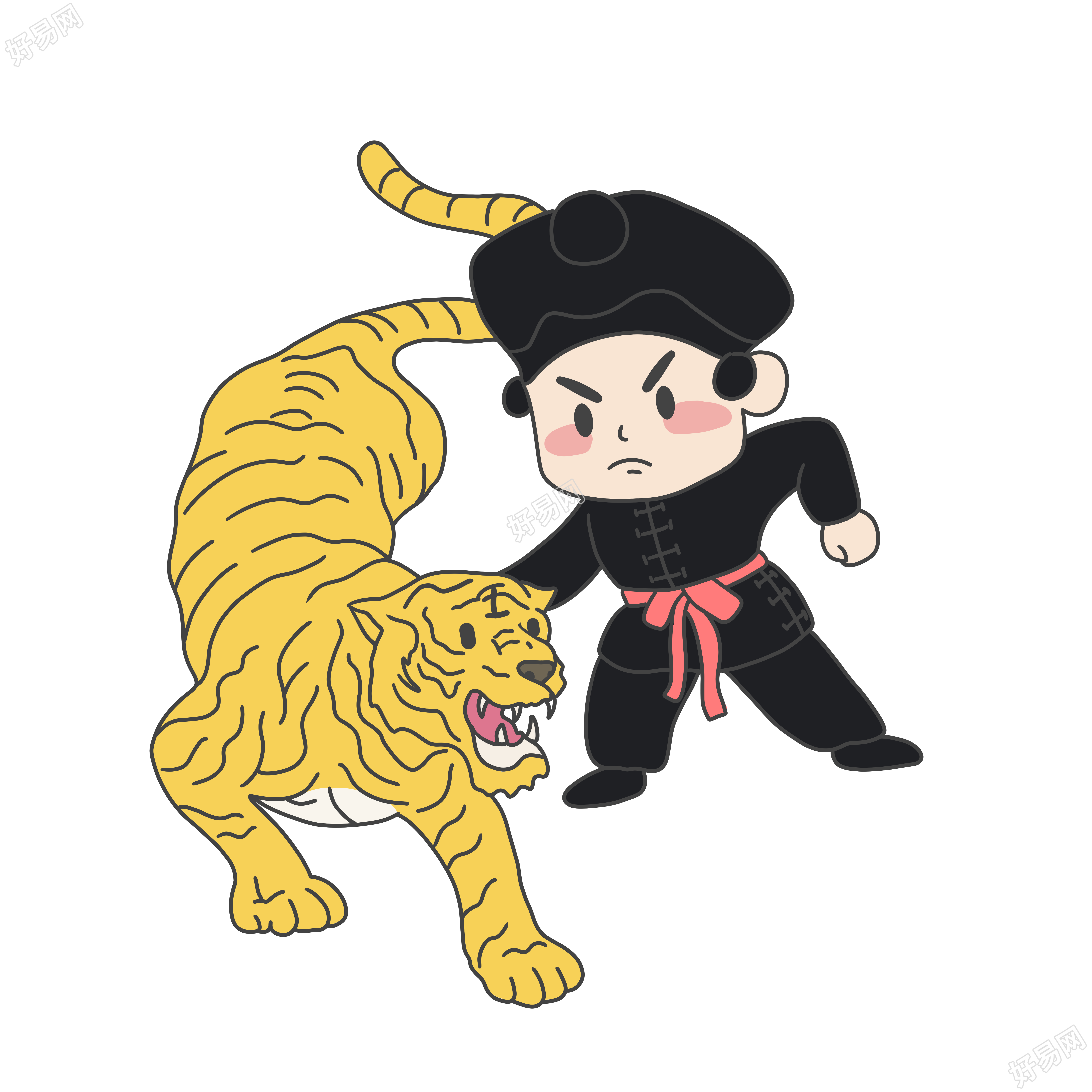 水浒传武松打虎手绘卡通插图
