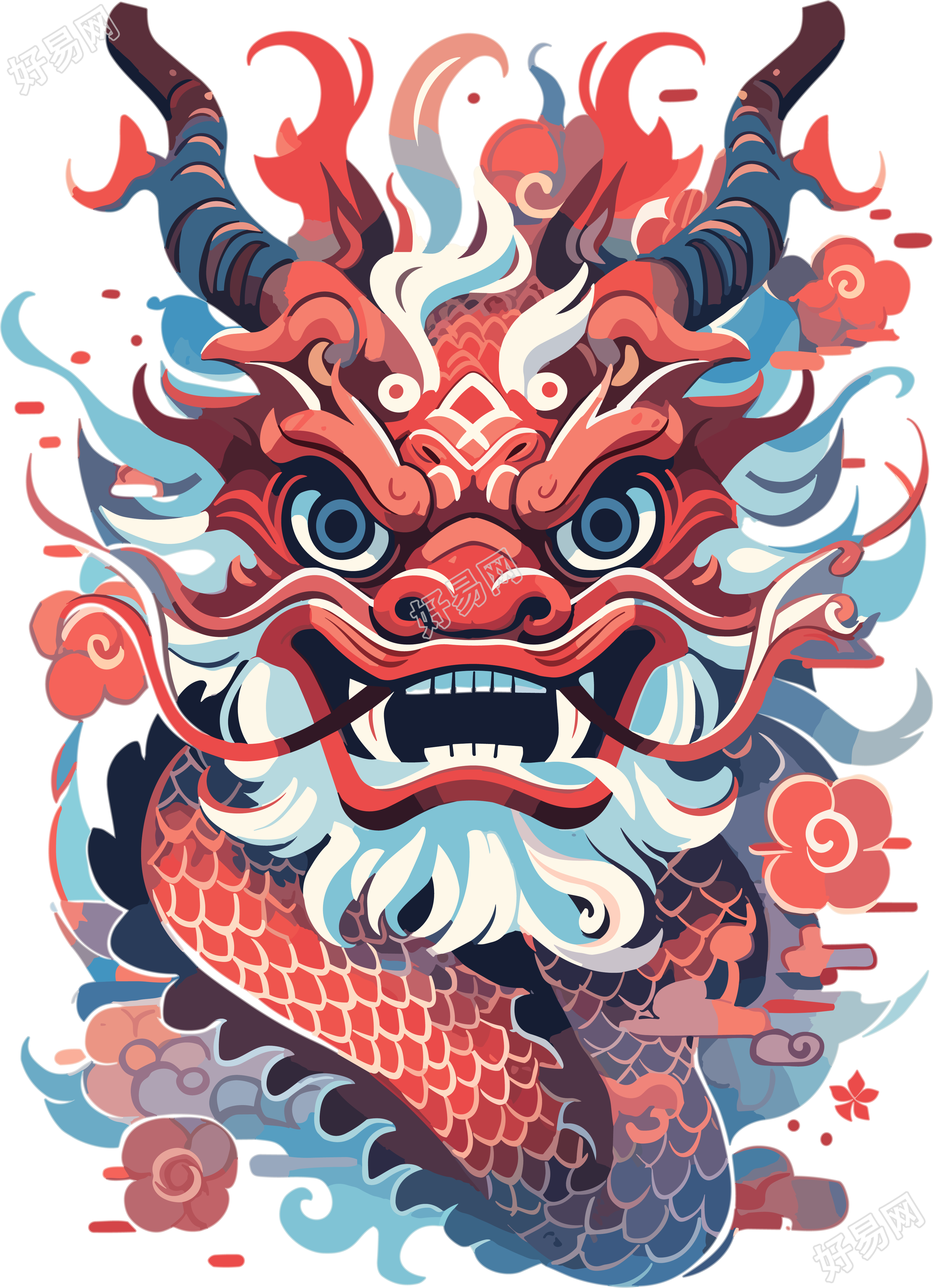 红蓝色中式龙透明背景插画