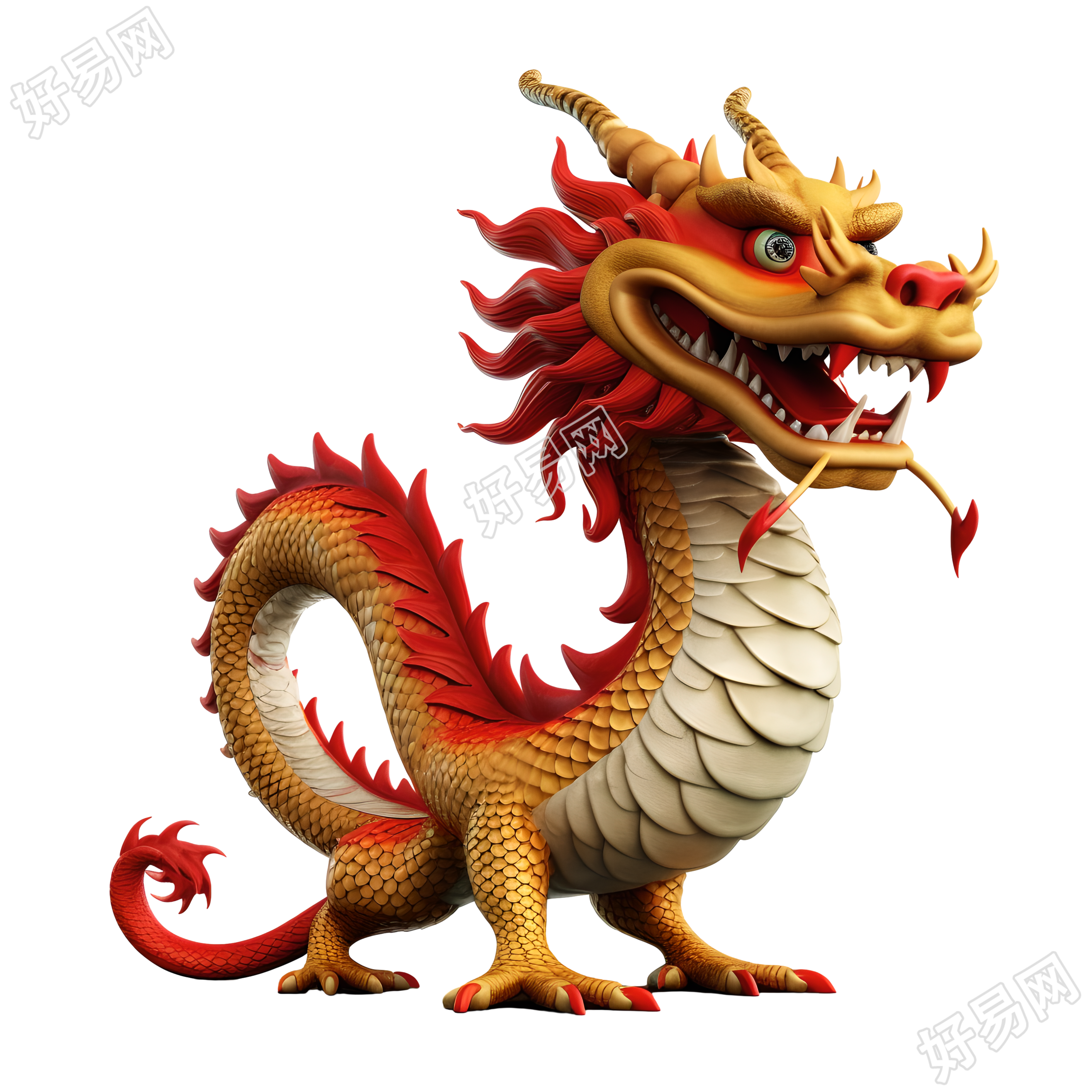 高清透明背景的3D卡通中国龙插画