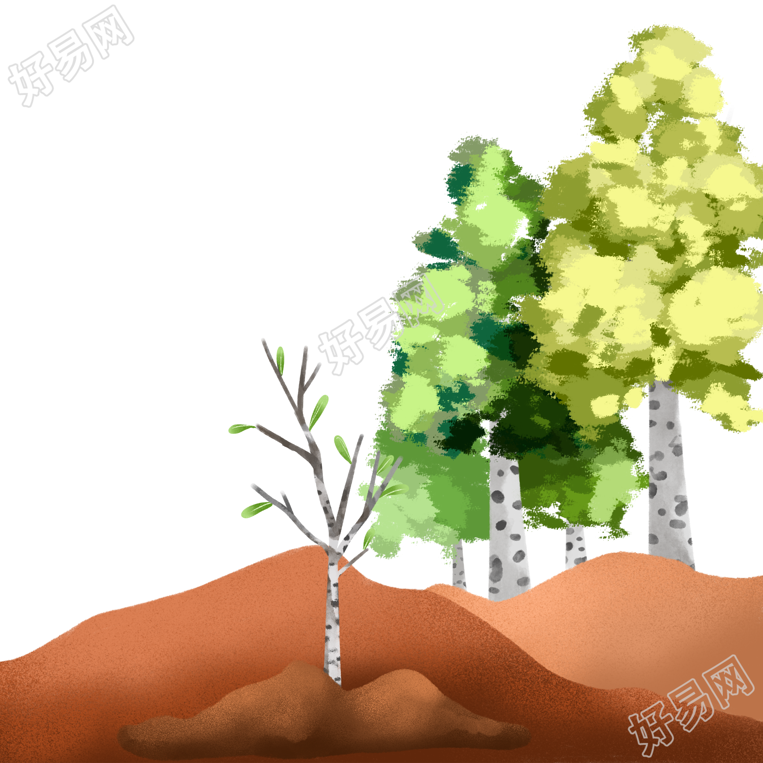 植树造林手绘山坡上的大树插画