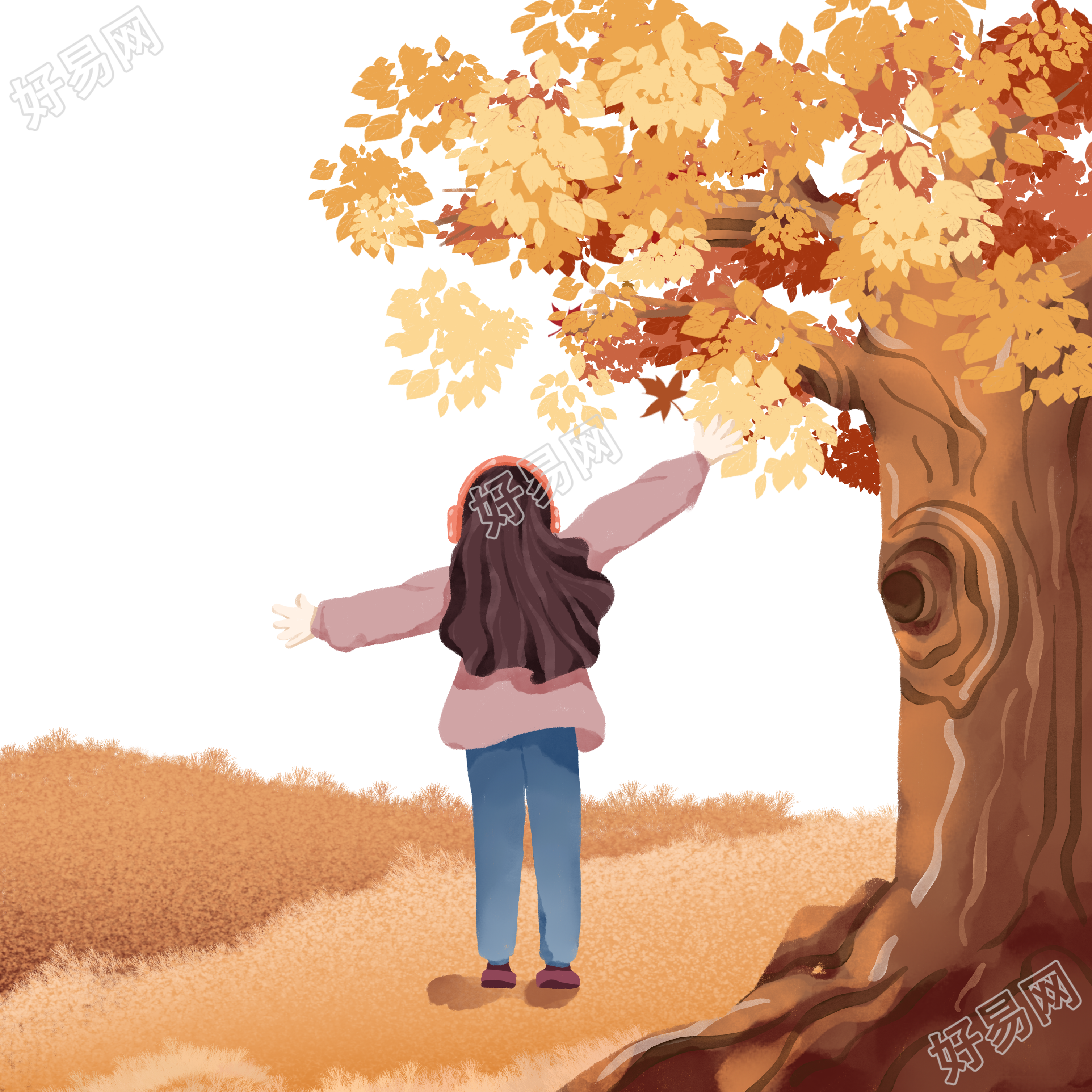 秋冬大树旁边的可爱女孩PNG插图
