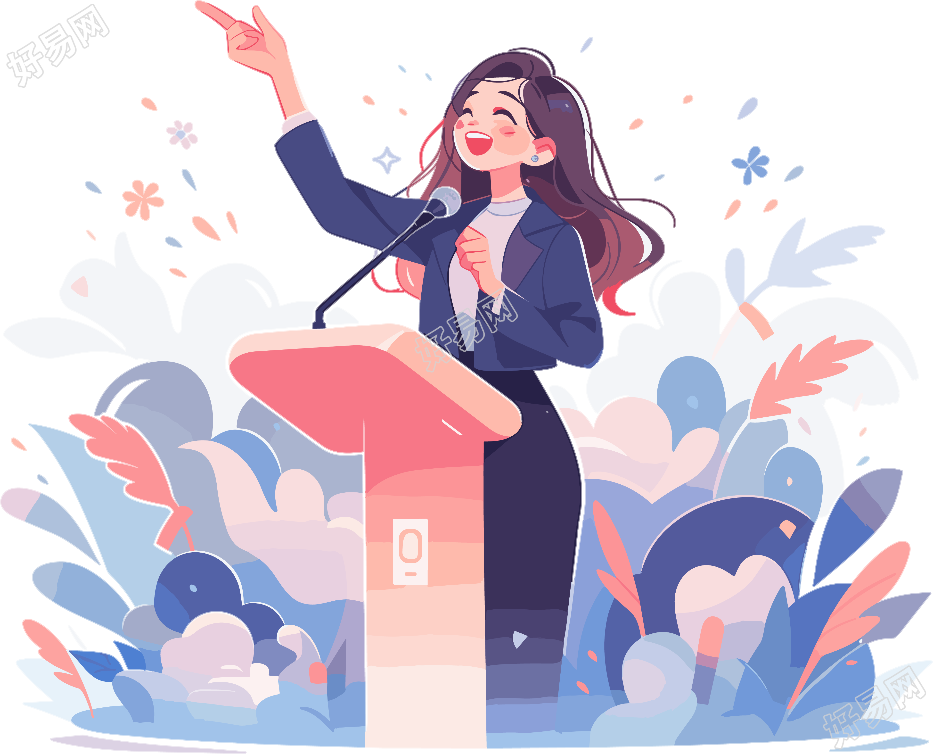激情演讲的女生2D平面插画