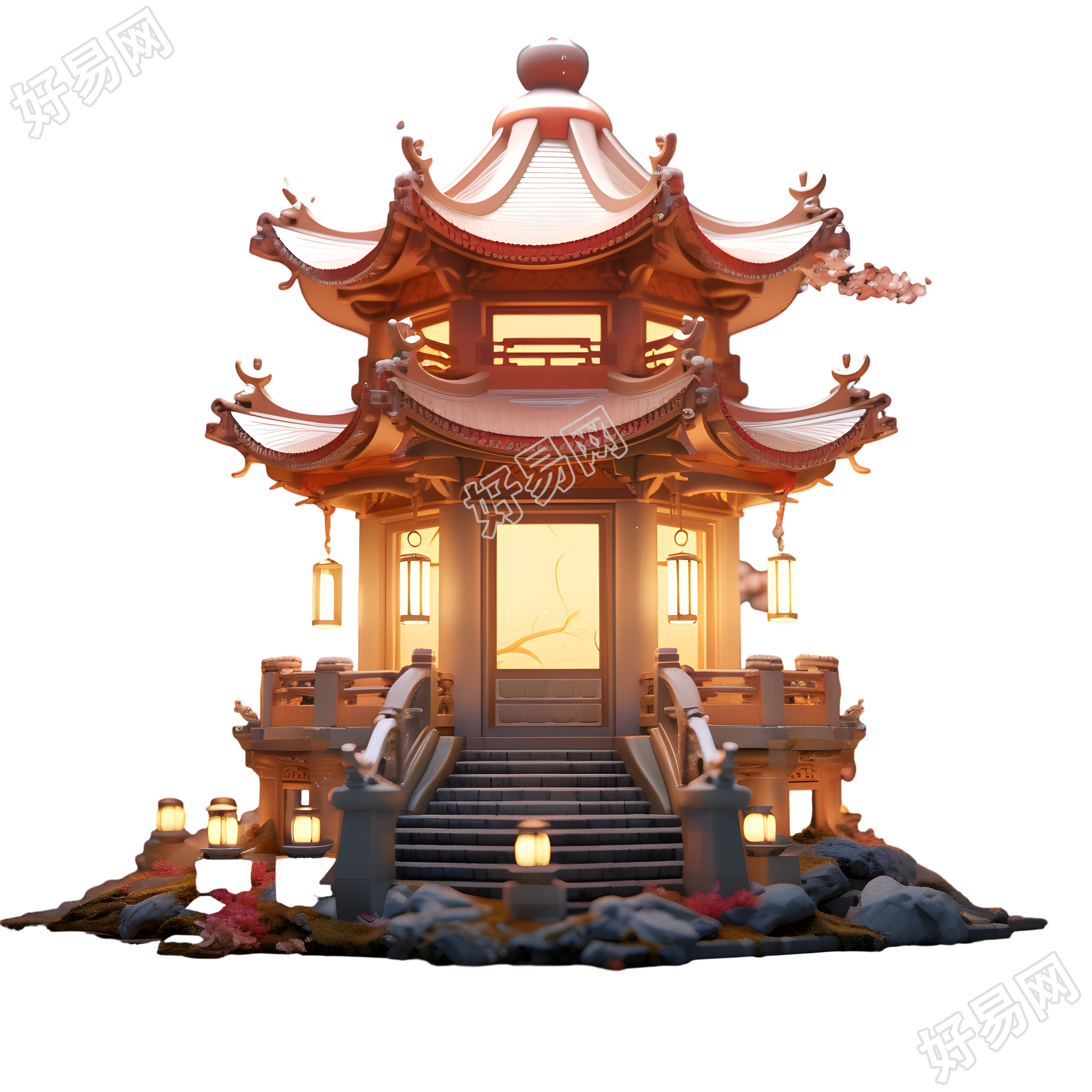 粉灰色广寒宫建筑插画